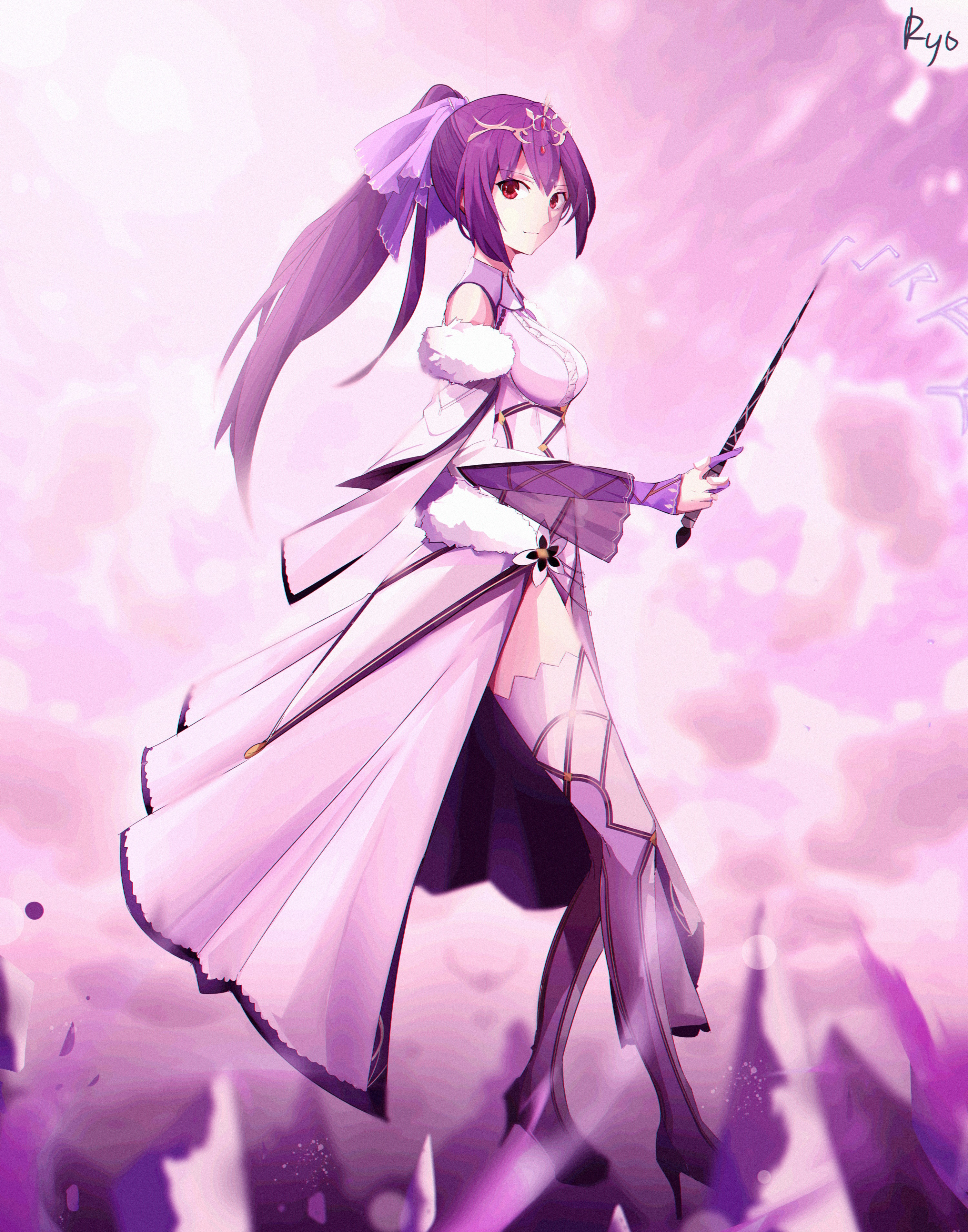 Anime 3000x3818 anime anime girls Fate series Fate/Grand Order Scathach Skadi long hair ponytail purple hair artwork digital art fan art