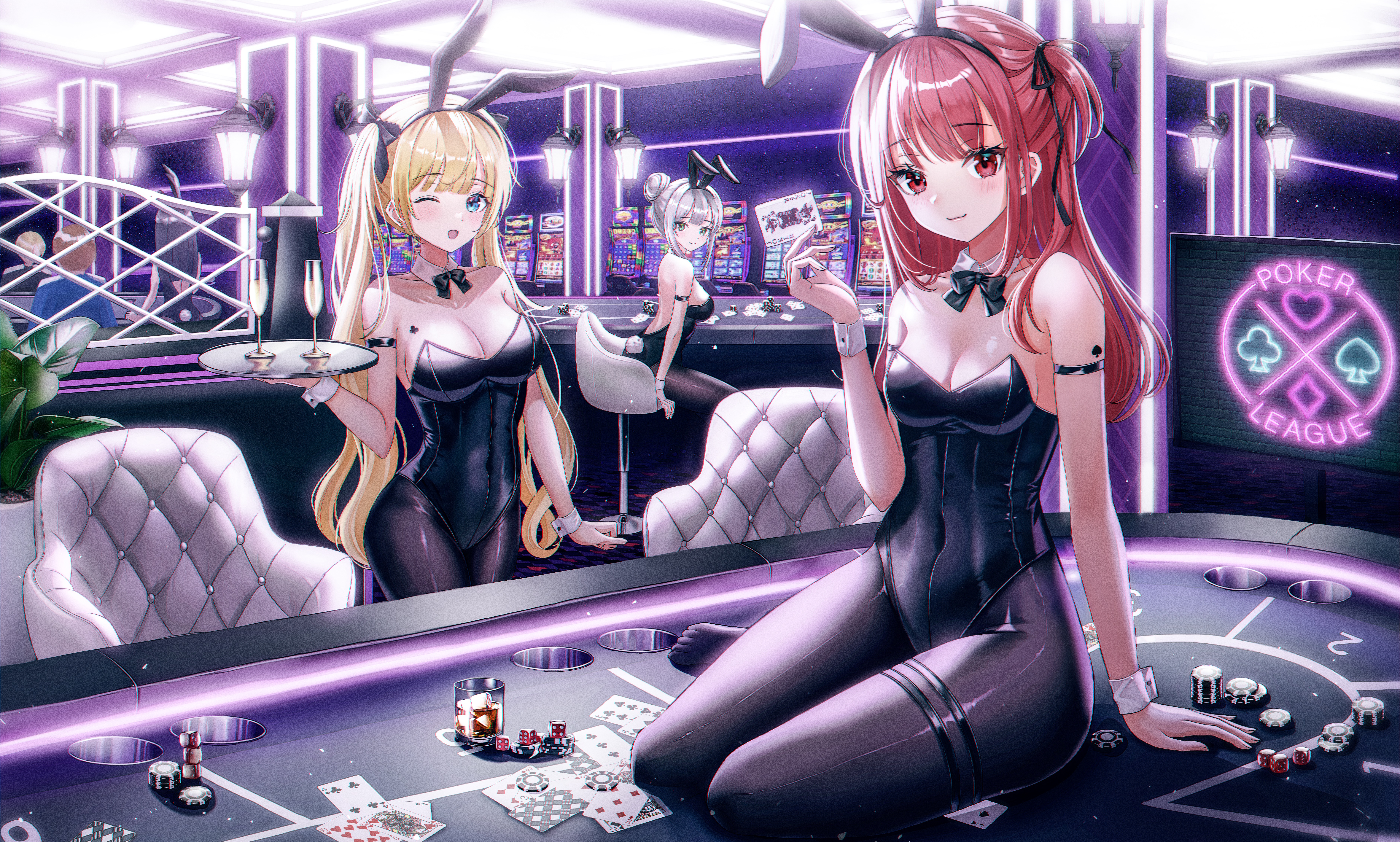 Anime 7520x4523 anime anime girls bunny suit casino Trading Card Games poker pantyhose cleavage blonde redhead silver hair Pora 0918 looking at viewer bow tie cards neon sign twintails long hair