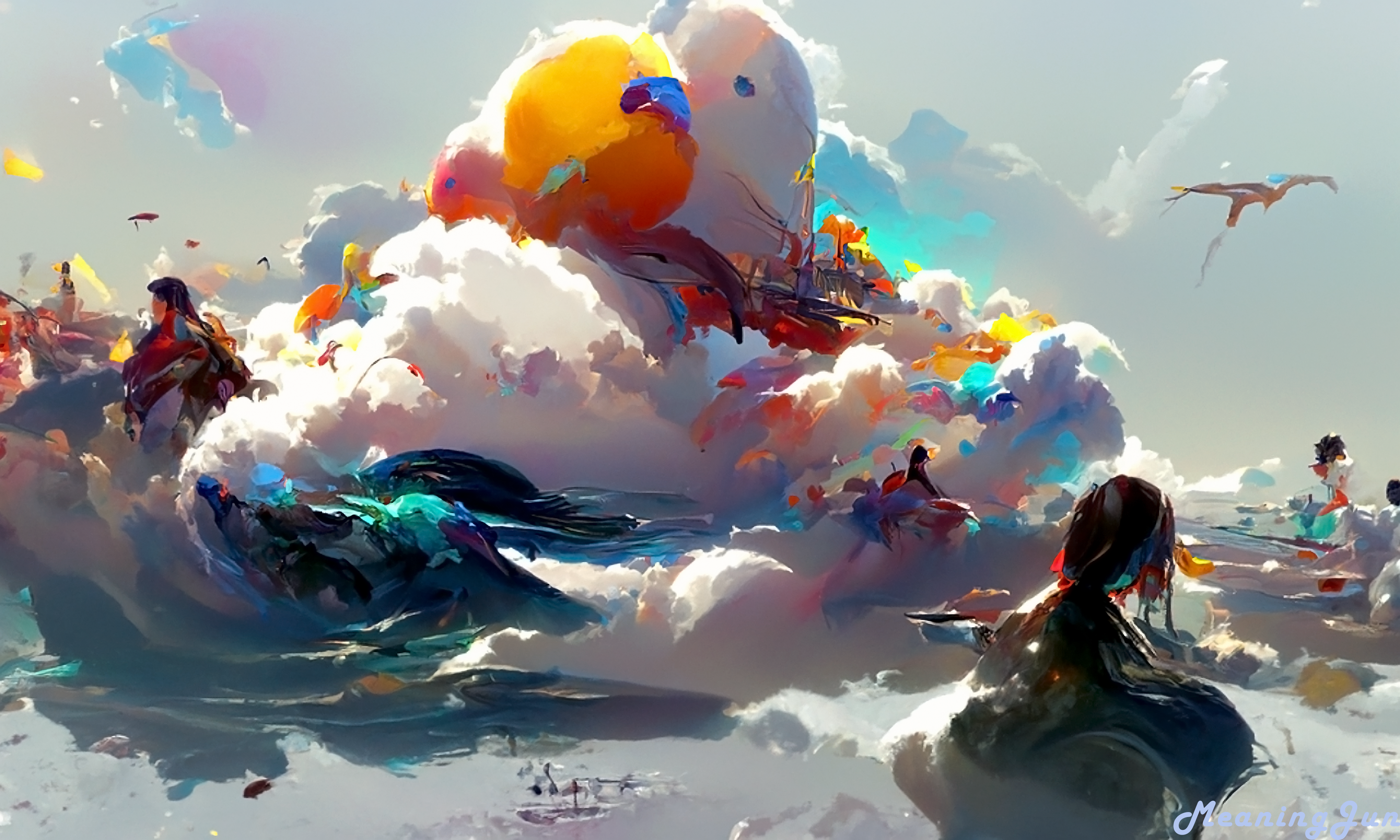 Anime 3600x2160 AI art digital art ocean view seagulls colorful