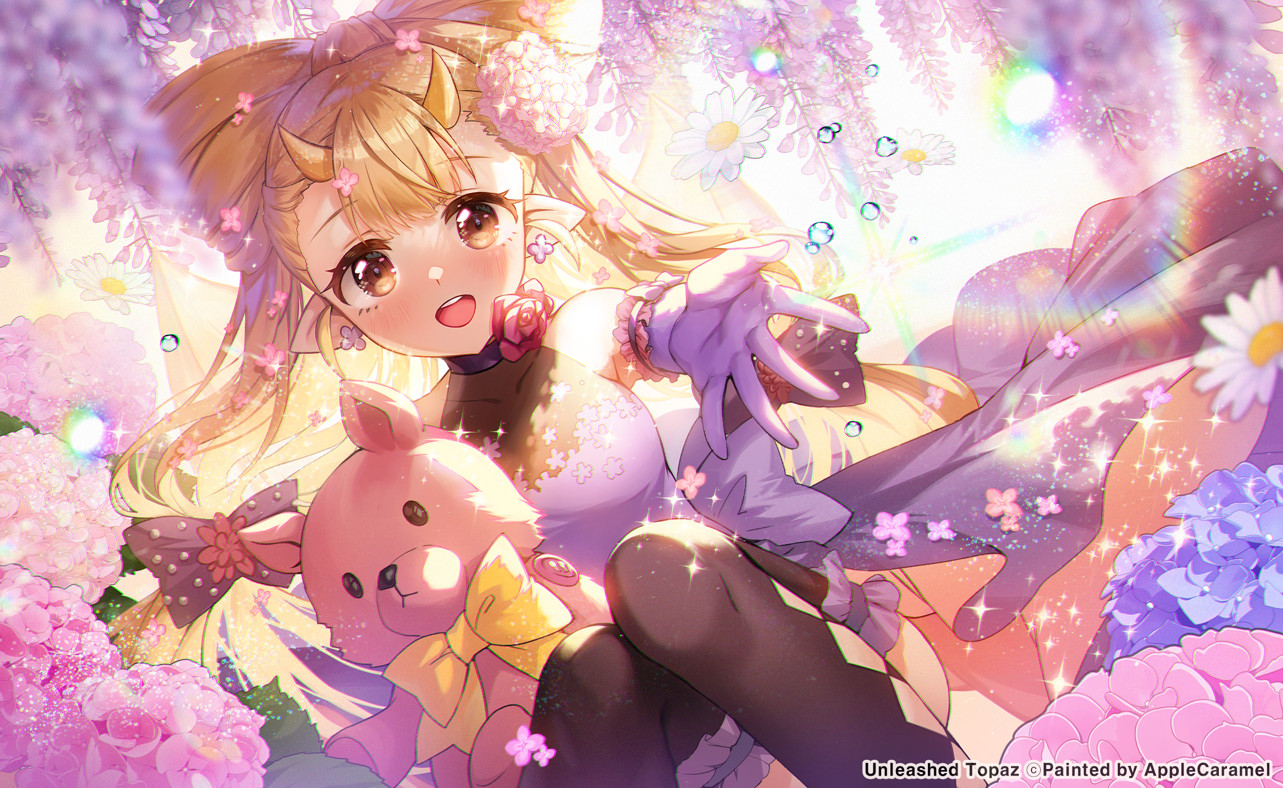 Anime 2500x1536 anime anime girls Apple a Caramel artwork horns pointy ears blonde brown eyes
