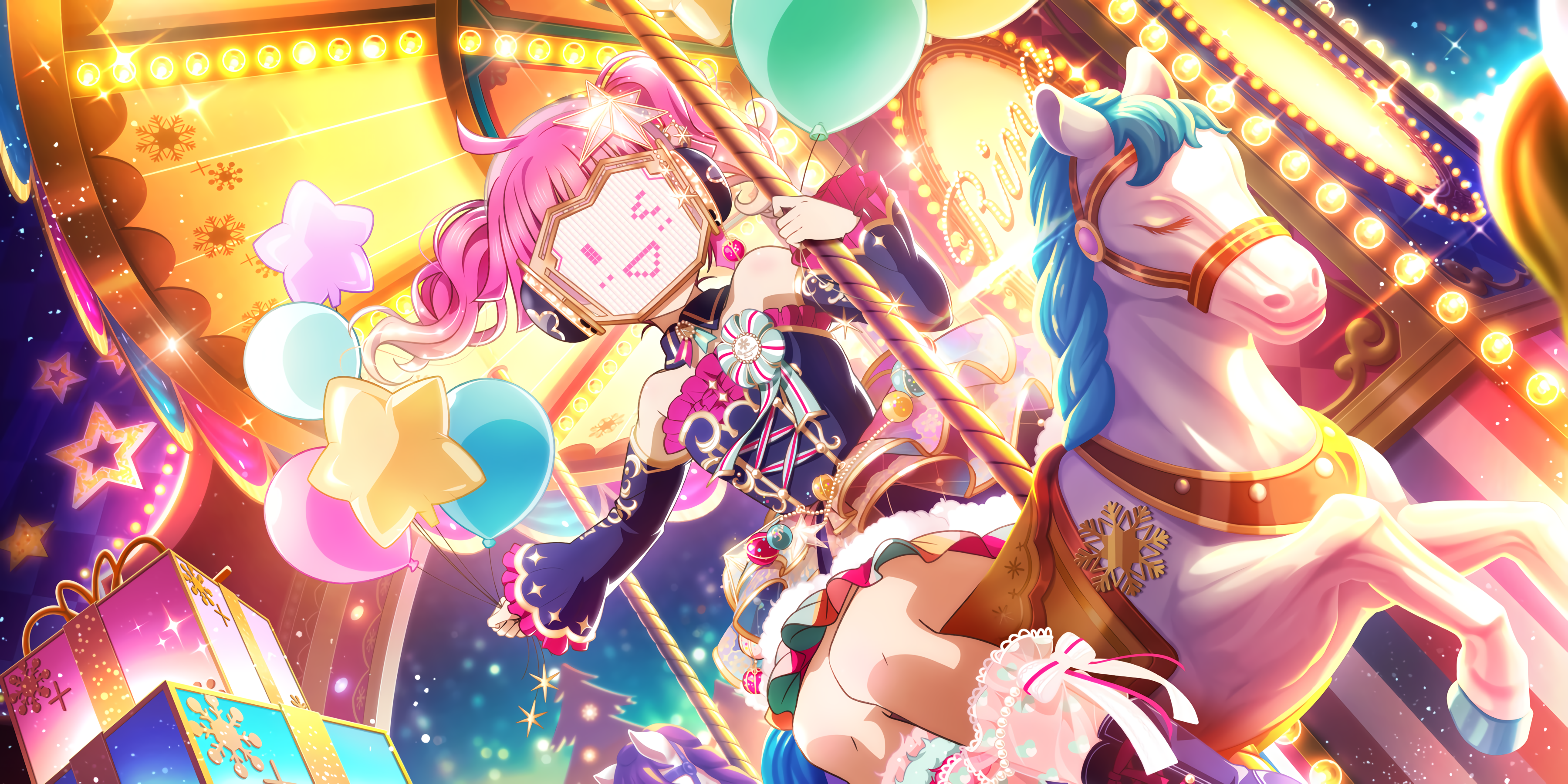 Anime 3600x1800 Love Live! Tennoji Rina anime girls pink hair carousels balloon mask twintails