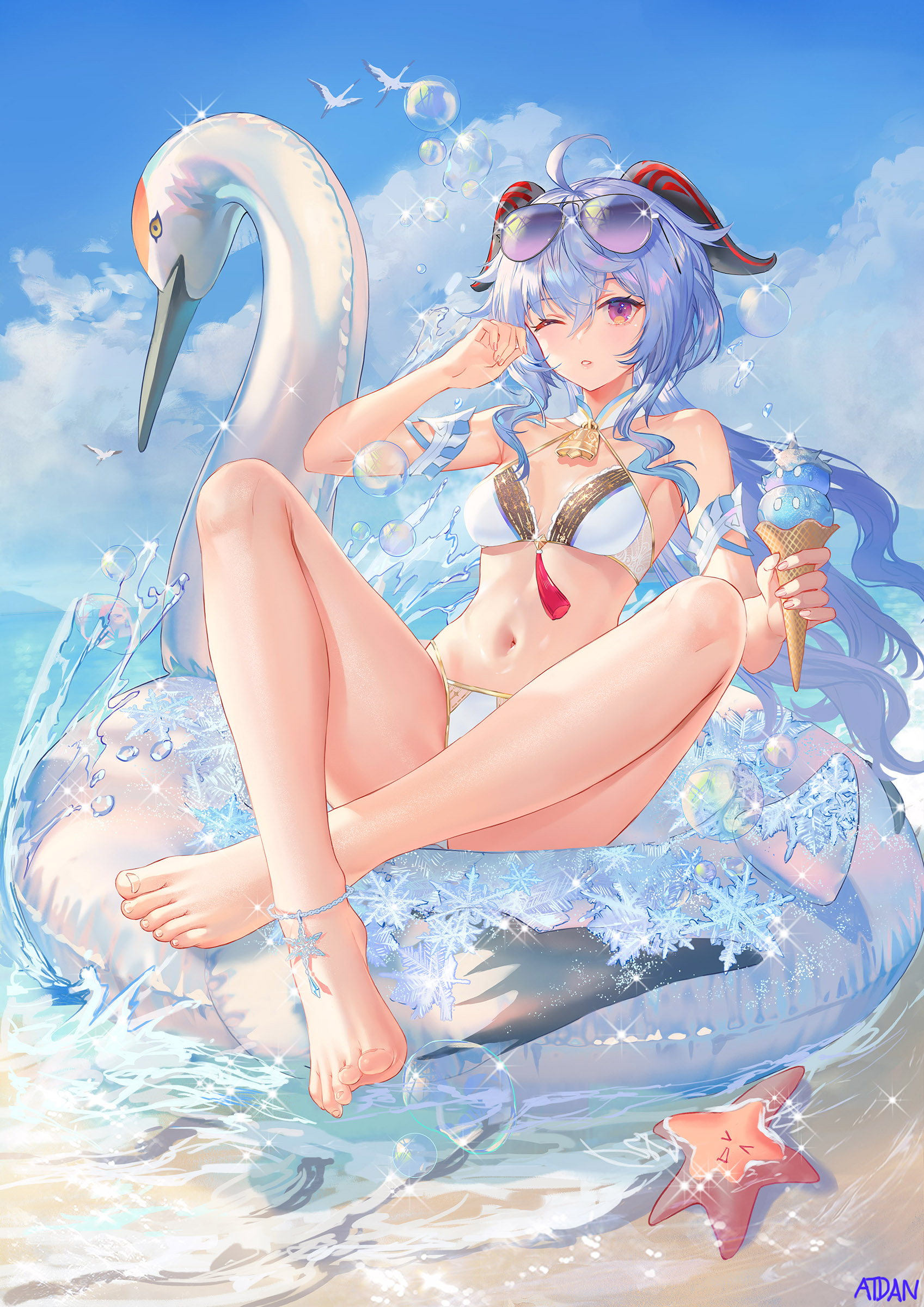 Anime 1697x2400 anime anime girls Ganyu (Genshin Impact) Genshin Impact blue hair horns bikini swans artwork Atdan