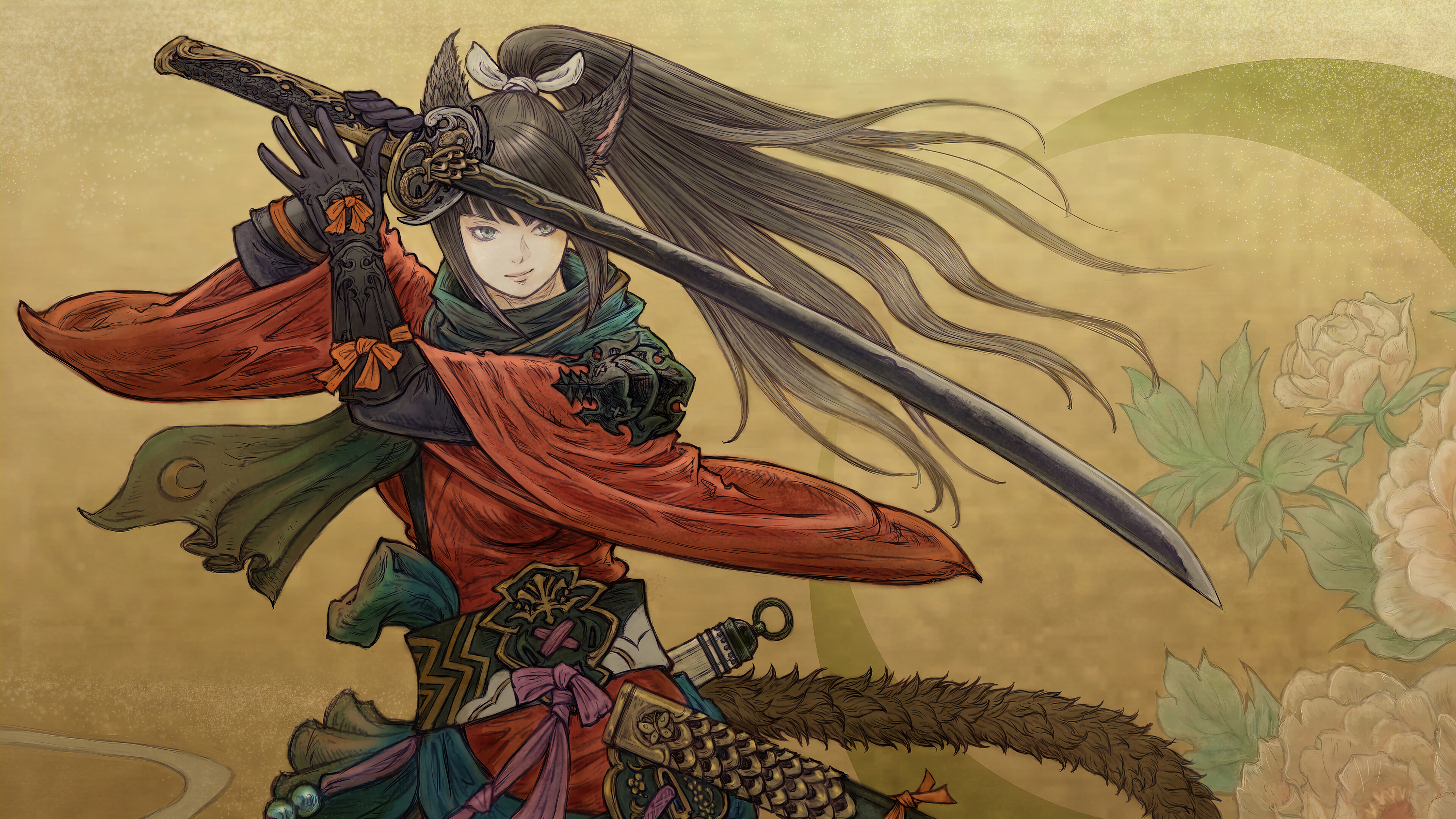 General 3840x2160 samurai katana painting artwork fantasy girl animal ears tail Final Fantasy