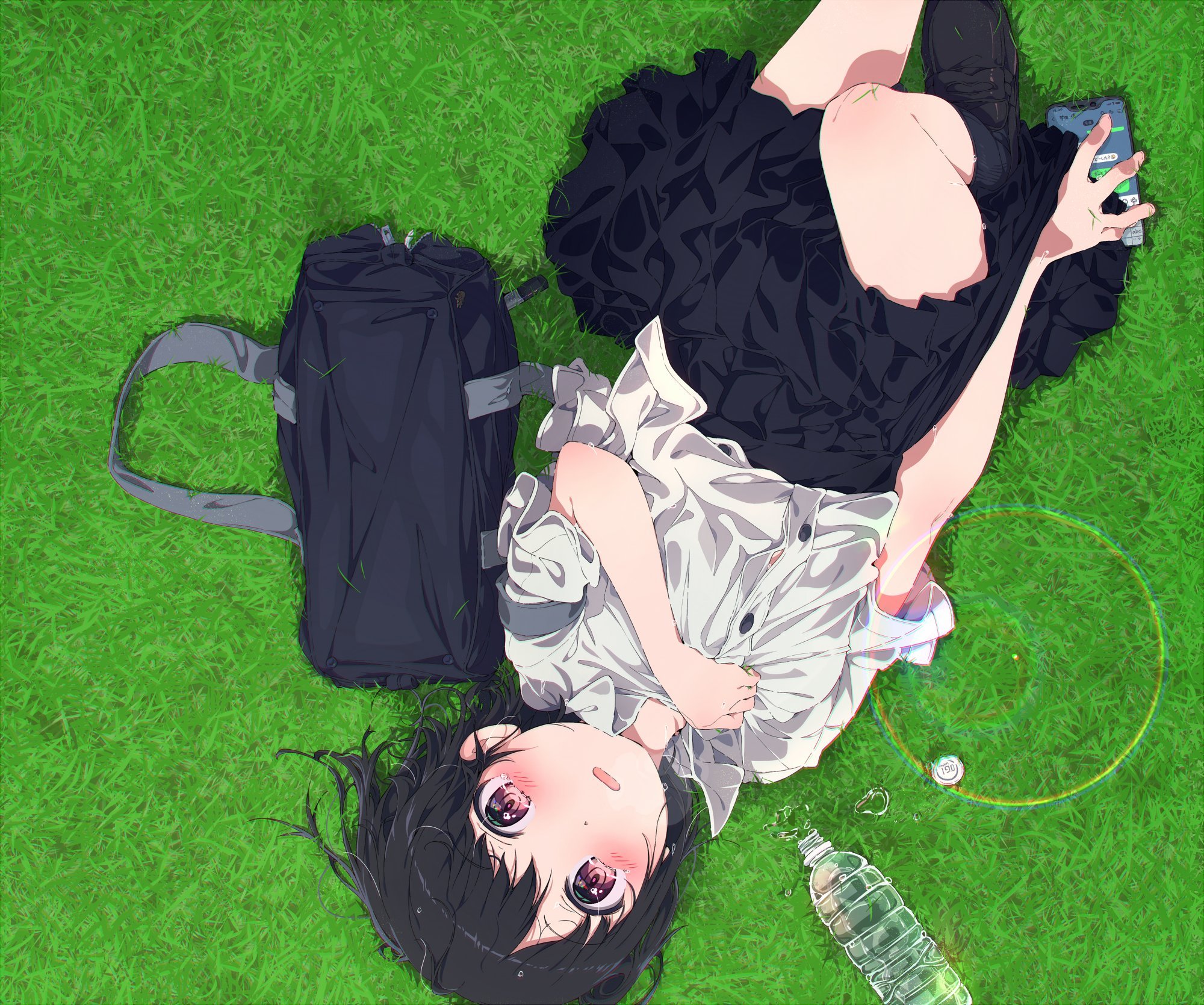 Anime 2000x1669 anime girls school uniform grass schoolgirl water bottle artwork Ogipote
