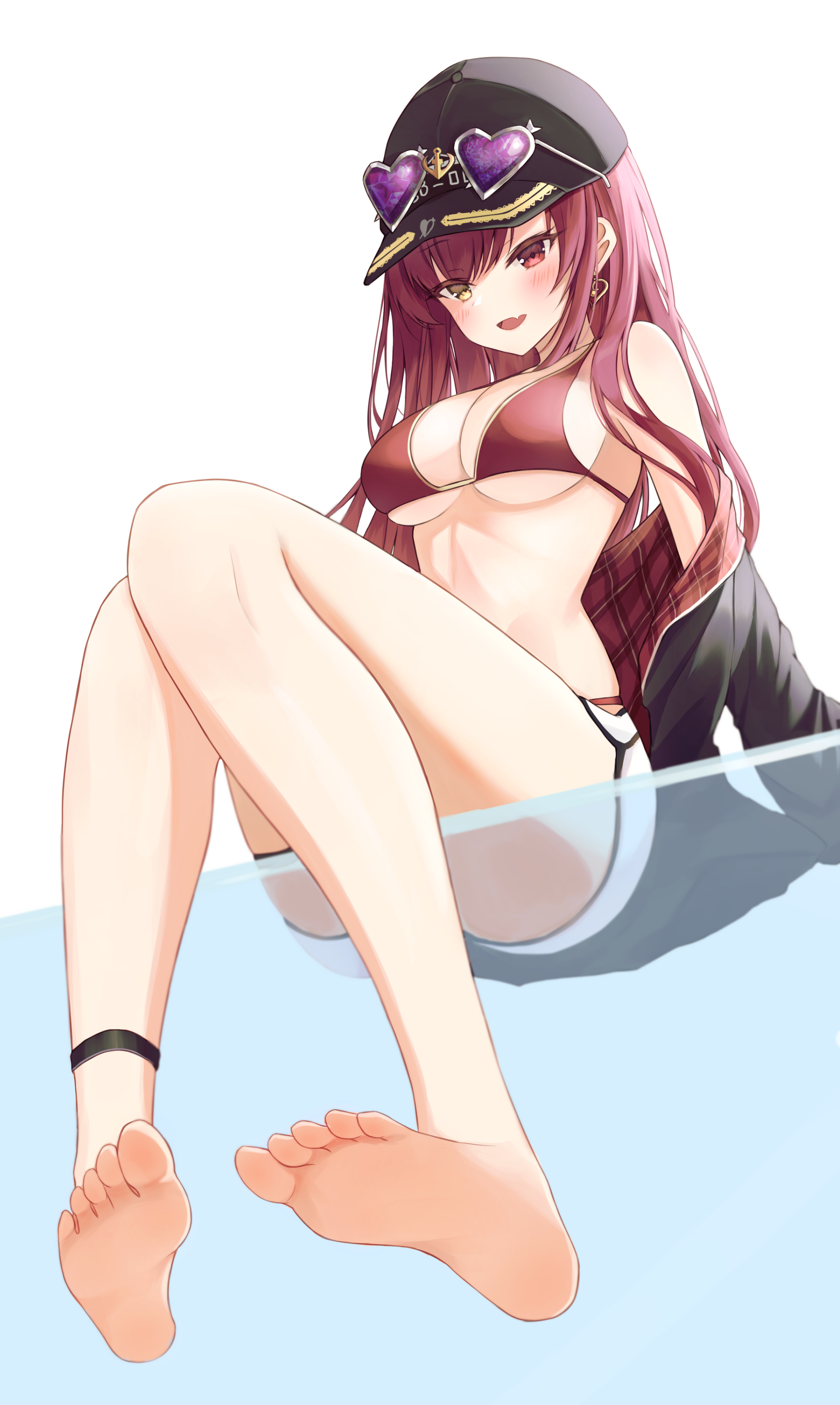 Anime 2000x3344 anime girls bikini feet legs redhead Hololive Houshou Marine heterochromia big boobs short shorts sunglasses heart sunglasses