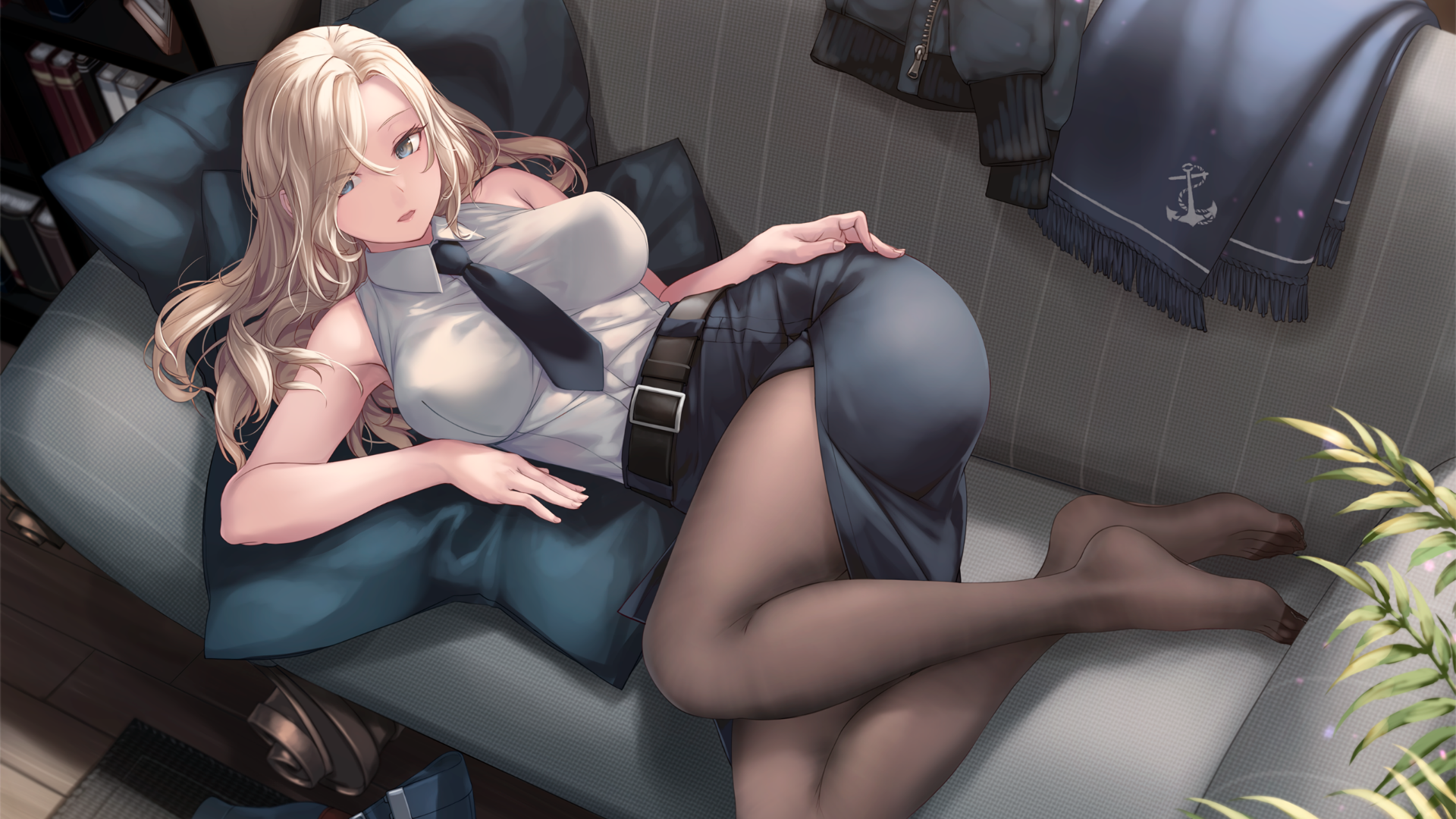 Anime 1920x1080 couch skirt necktie pantyhose blonde anime girls blue eyes Hornet (KanColle) Kantai Collection lying on side