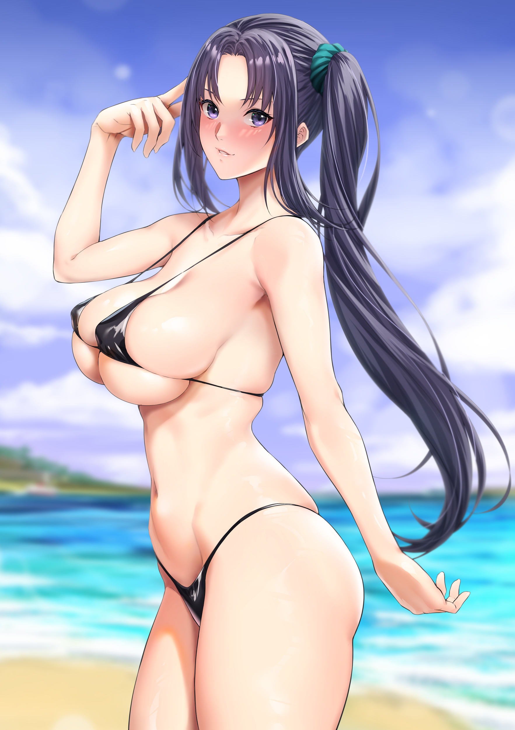 Anime 1765x2500 anime anime girls micro bikini big boobs beach water blushing purple eyes purple hair long hair nipples through clothing nipple bulge one arm up