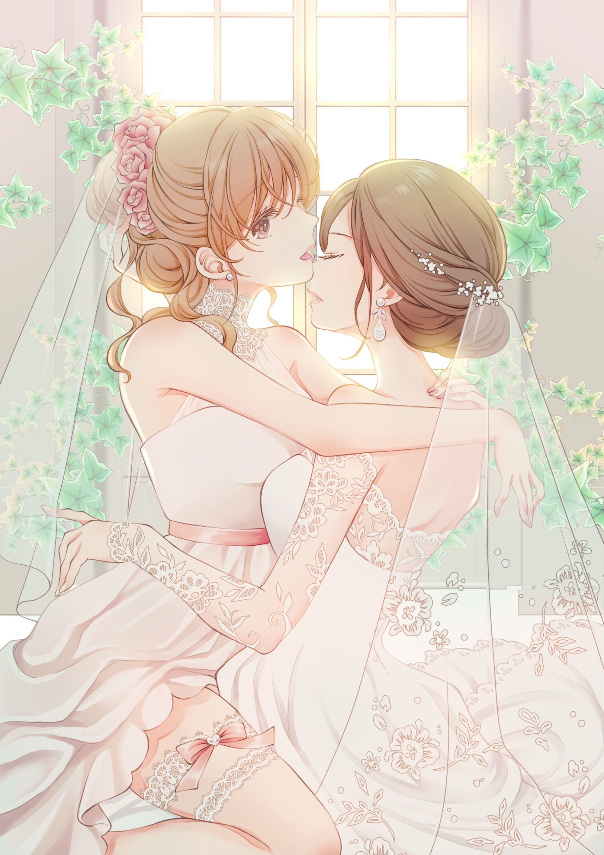Anime 2000x2833 anime anime girls original characters wedding dress weddings two women yuri artwork digital art fan art