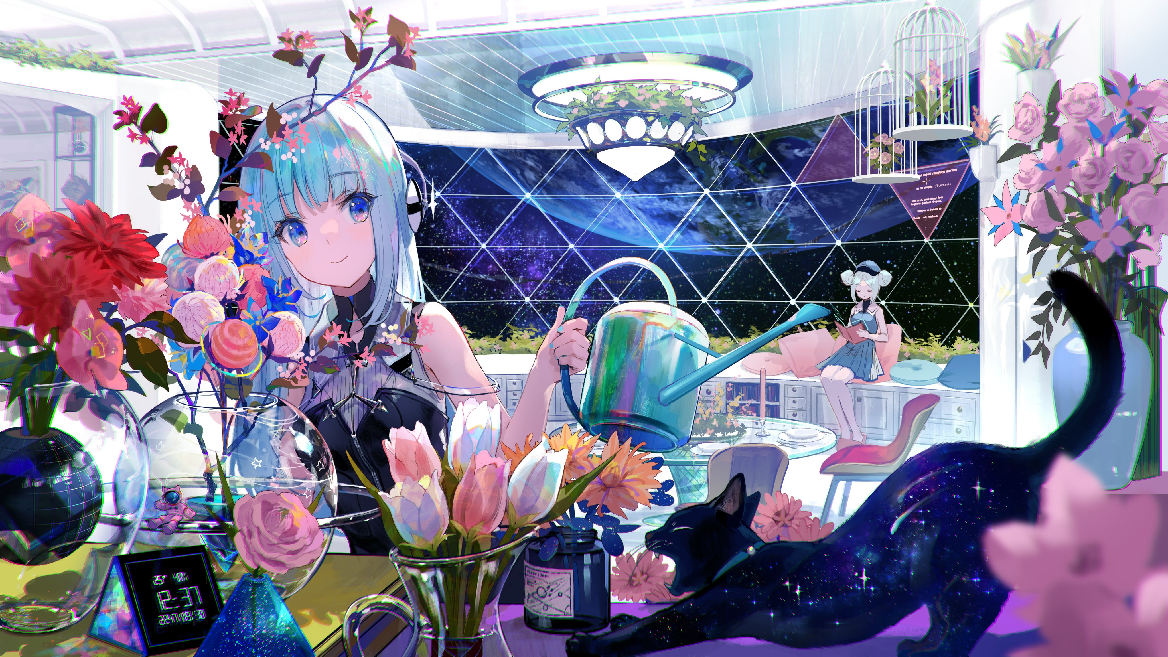 Anime 4096x2304 anime anime girls blue hair blue eyes space cats flowers long hair smiling planet stars vases cages chair indoors women indoors