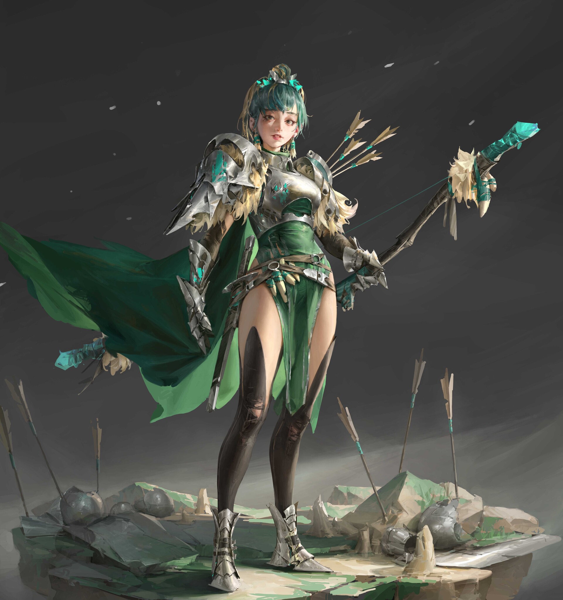 General 1920x2046 artwork fantasy art fantasy girl green clothing digital art thighs fantasy armor armor green hair bow and arrow