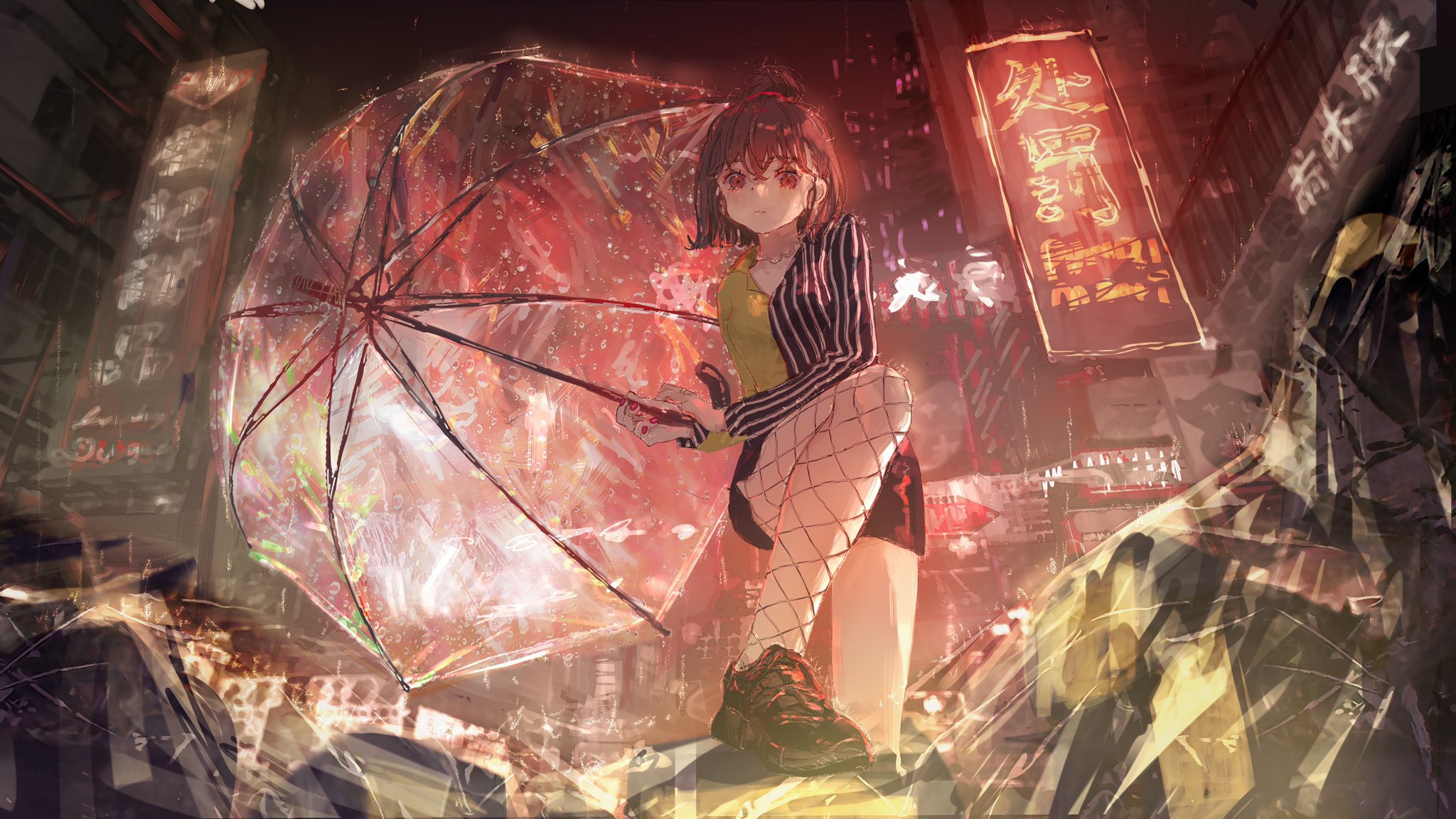 Anime 2048x1152 anime anime girls digital art artwork 2D portrait Roki city night rain umbrella low-angle short hair brunette