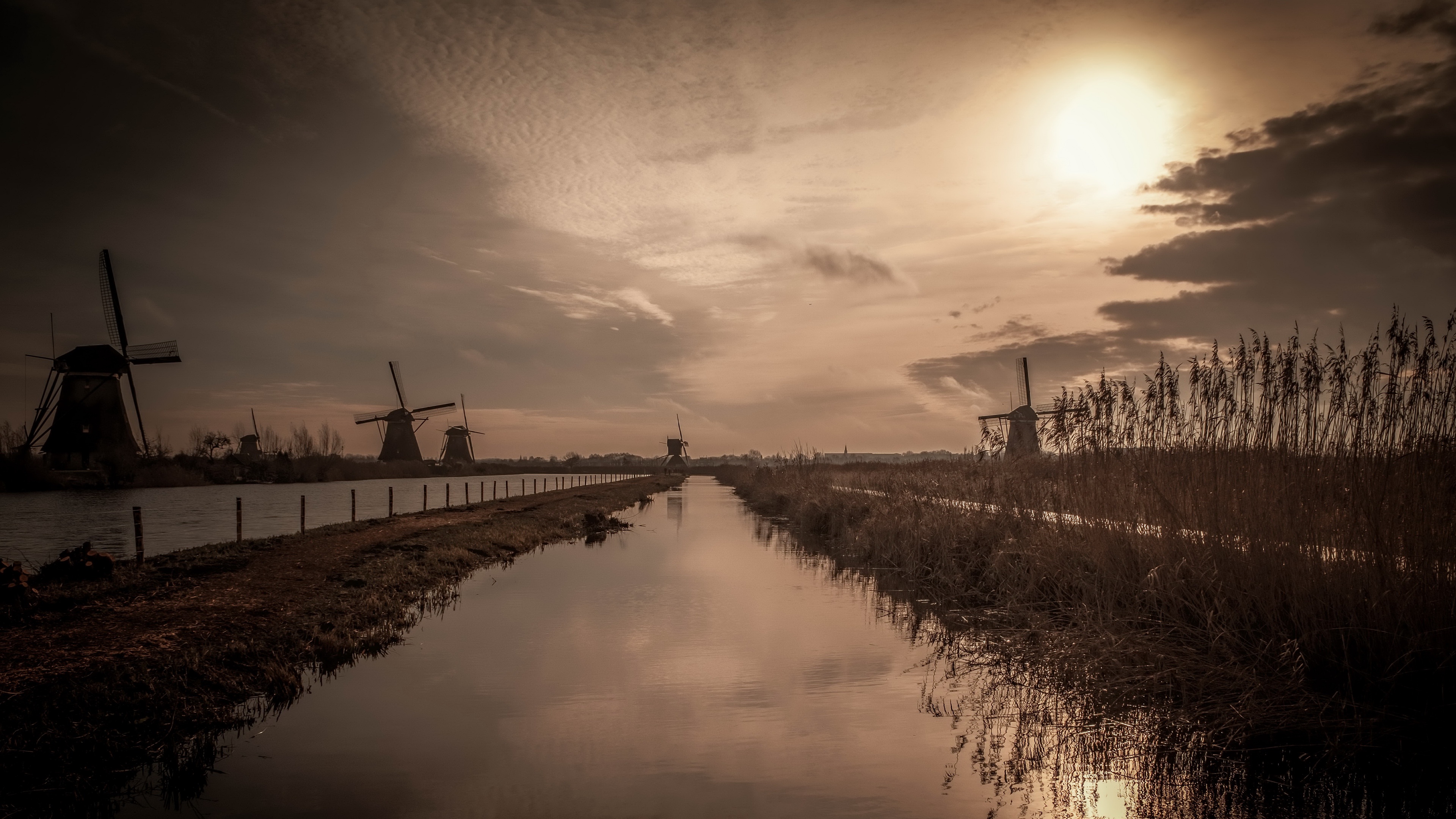 General 3840x2160 water windmill sky Sun outdoors Kinderdijk
