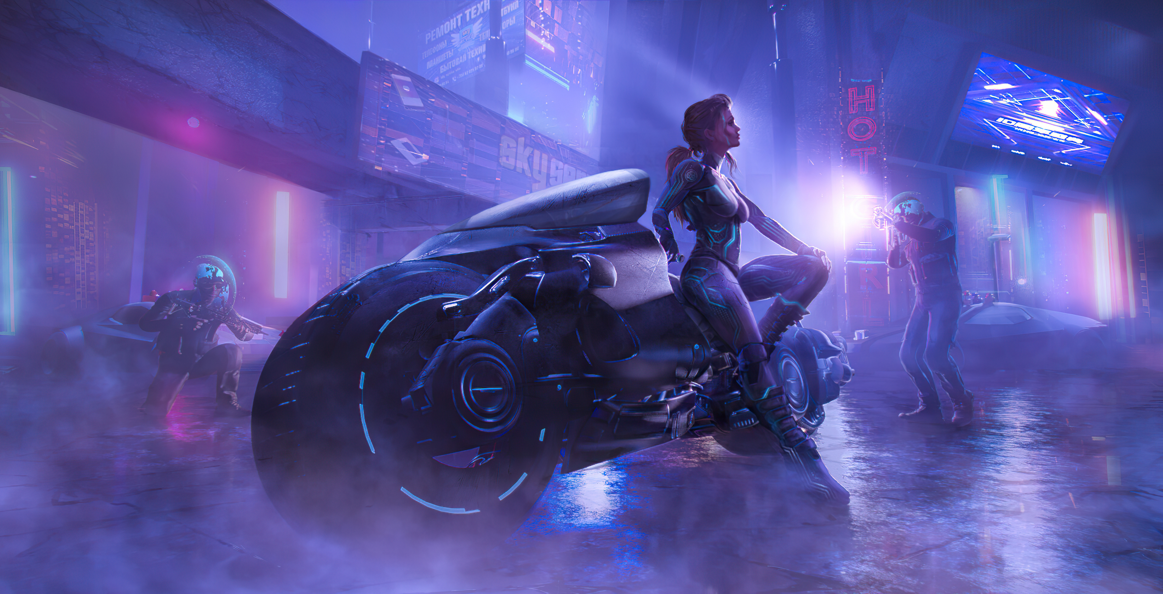 General 3840x1960 science fiction women 4K digital art artwork cyberpunk exosuit boob pockets smoke motorcycle women with motorcycles hotel neon gun aiming ponytail profile