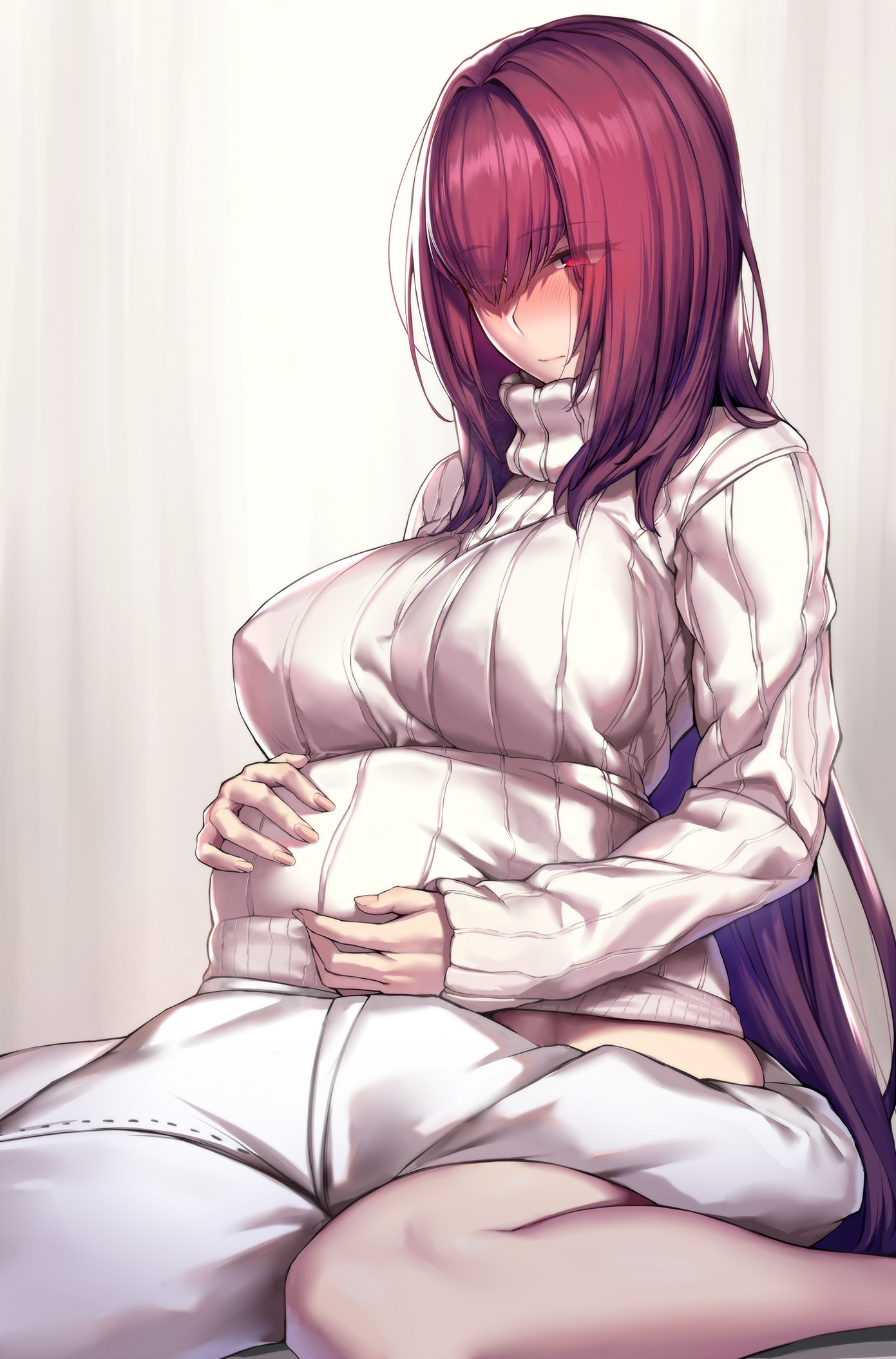 Anime 1391x2109 anime anime girls Lun7732 Fate series Fate/Grand Order Scathach couple hugging sweater kneeling purple hair red eyes blushing big boobs embarrassed