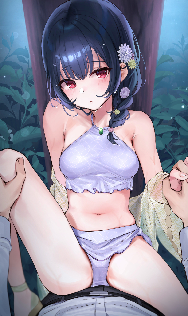 Anime 800x1341 anime POV spread legs dark hair suggestive belly sweat red eyes anime girls Rinze Morino THE iDOLM@STER Mirei