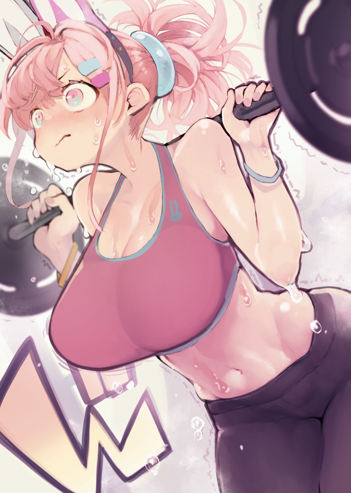 Anime 1220x1716 anime anime girls Hyocoro simple background original characters big boobs cleavage sweating bunny ears pink hair leggings sweaty body sweat sports bra training hairbun blush multi-colored eyes heterochromia weightlifting barbell belly belly button working out exercise sportswear yoga pants