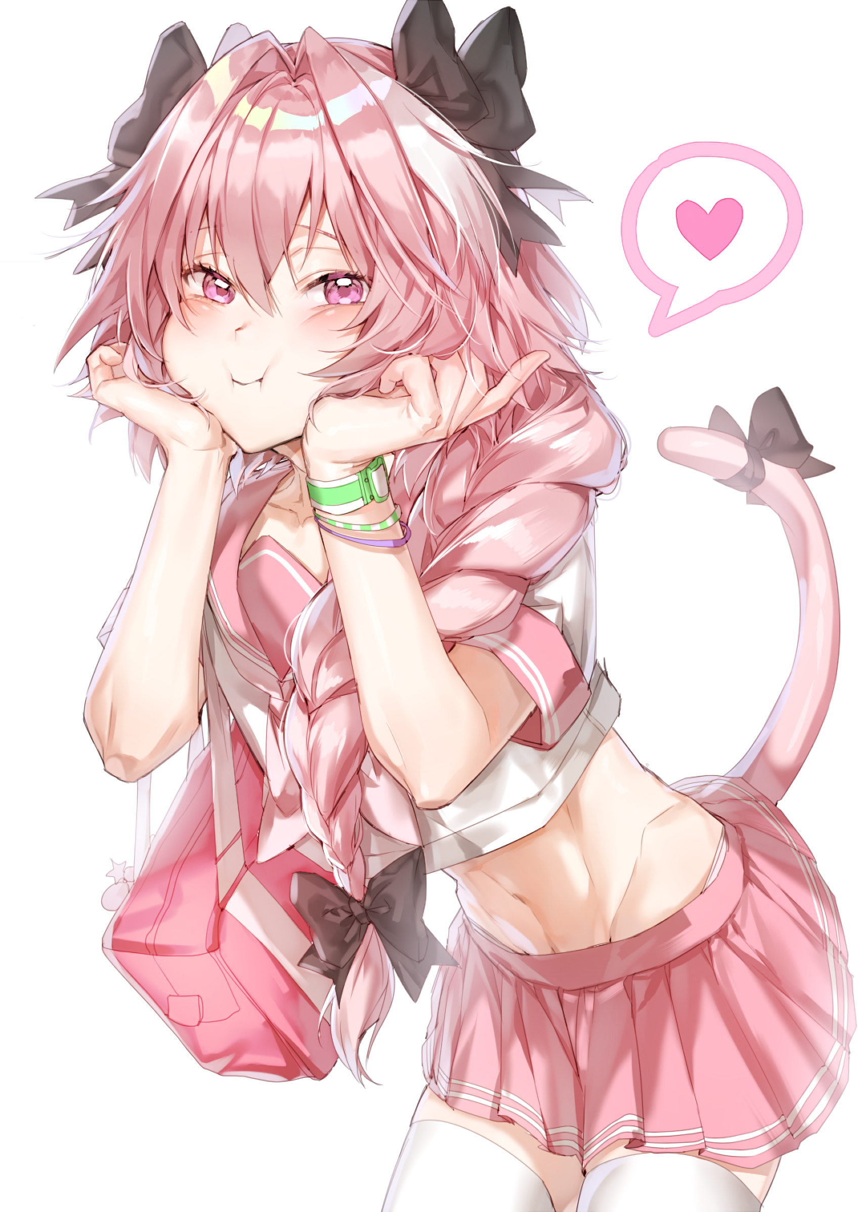 Anime 1706x2396 Fate/Apocrypha  Fate series cat boy anime boys sailor uniform blushing hand on face black ribbons femboy crossdressing pink eyes belly thighs white stockings ecchi bracelets pink miniskirt zettai ryouiki 2D looking at viewer Astolfo (Fate/Apocrypha) portrait display simple background arched back belly button pink hair white hair two tone hair long hair bangs french braids speech bubble pouting abs fan art Myo Ne