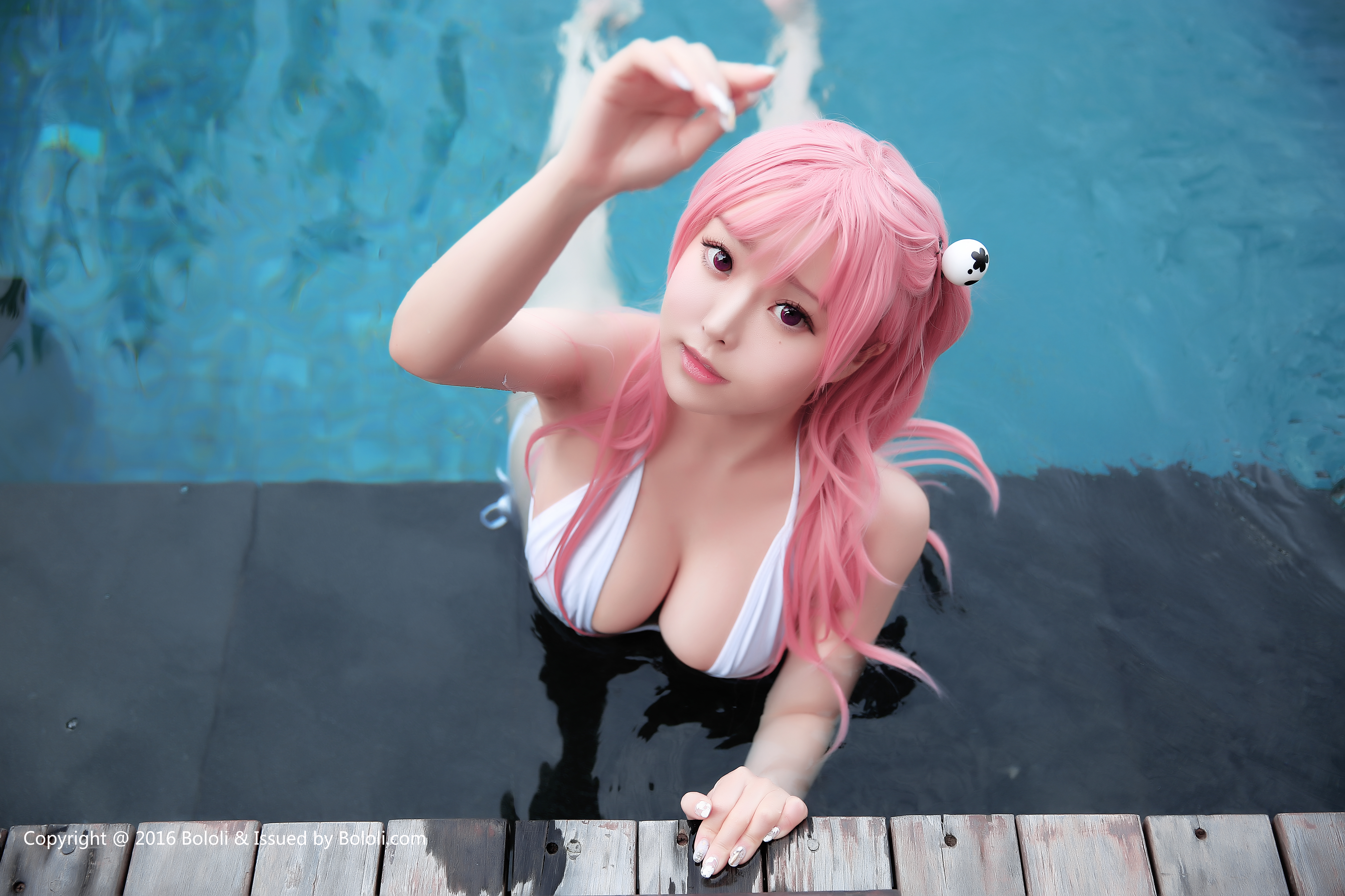 People 5760x3840 women Asian Chinese model Bololi Liu You Qi cosplay white bikini cleavage top view wet in water Chinese women outdoors big boobs looking at viewer swimming pool pale Dead or Alive Honoka (Dead or Alive) pink hair