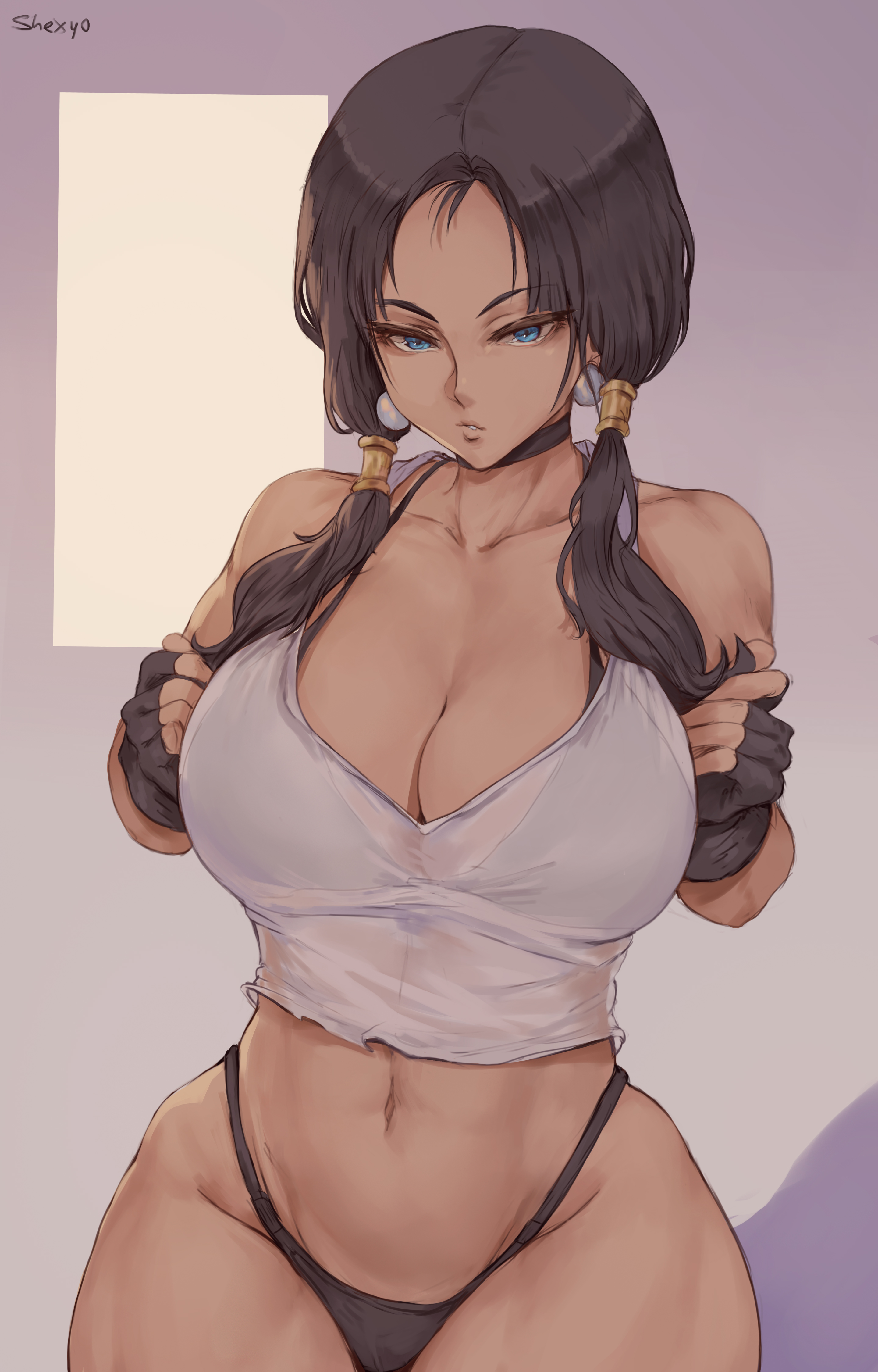 Anime 2881x4500 Videl Dragon Ball Z anime anime girls black hair twintails looking at viewer blue eyes parted lips choker see-through clothing cleavage white tops underwear belly panties black panties wide hips curvy portrait display 2D artwork drawing illustration fan art Shexyo tanned