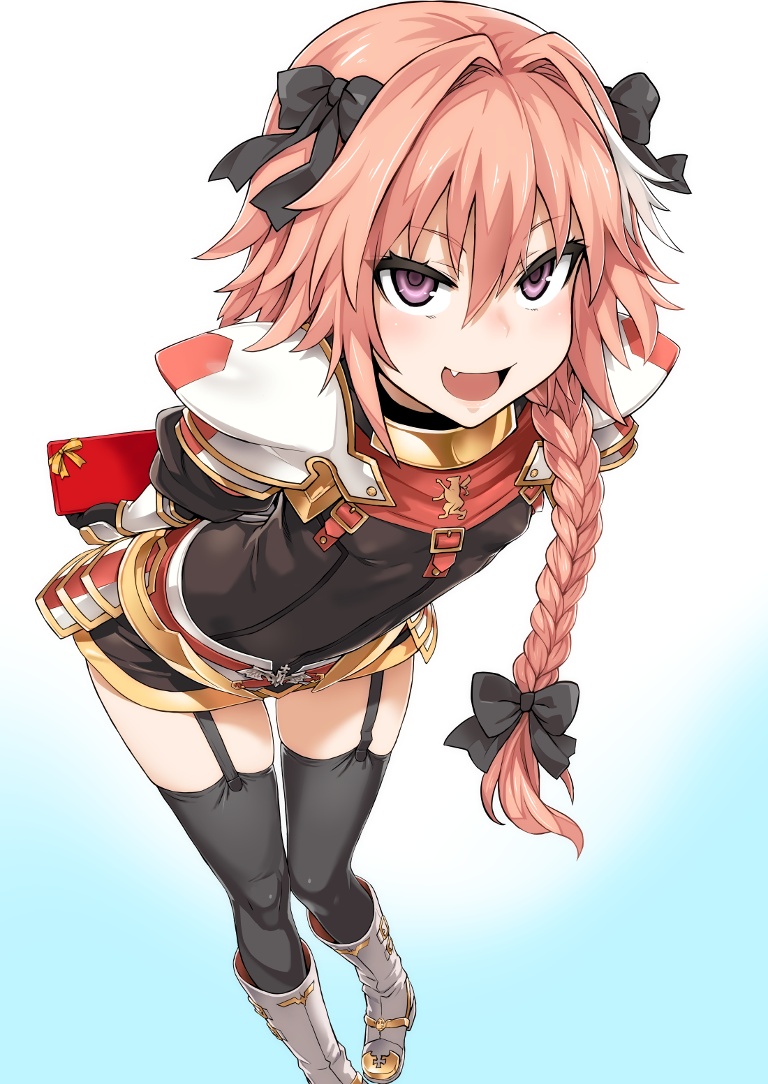 Anime 1100x1553 Fate/Apocrypha  Fate series black stockings femboy thighs legs together open mouth garter straps fangs Astolfo (Fate/Apocrypha) bangs pink hair anime boys 2D anime portrait display gradient Fate/Grand Order fan art Asanagi ecchi
