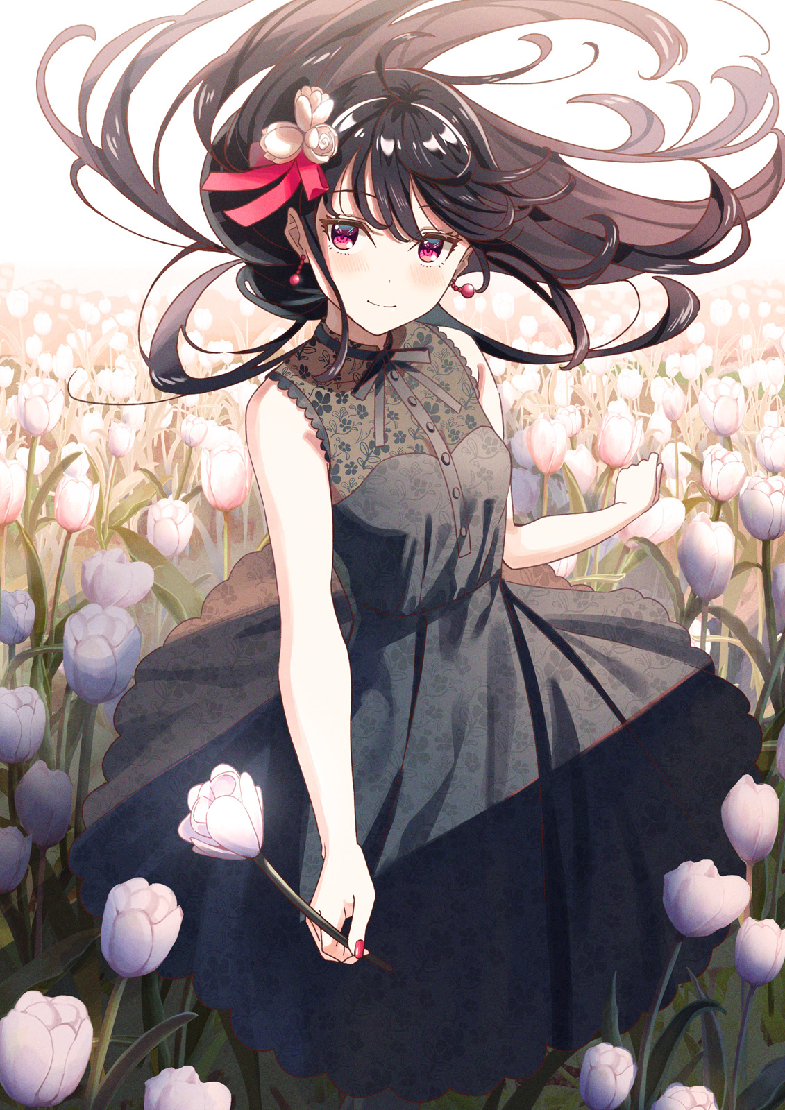 Anime 1131x1600 black dress nail polish ribbon long hair anime artwork flowers dress dark hair purple eyes anime girls Koh RD
