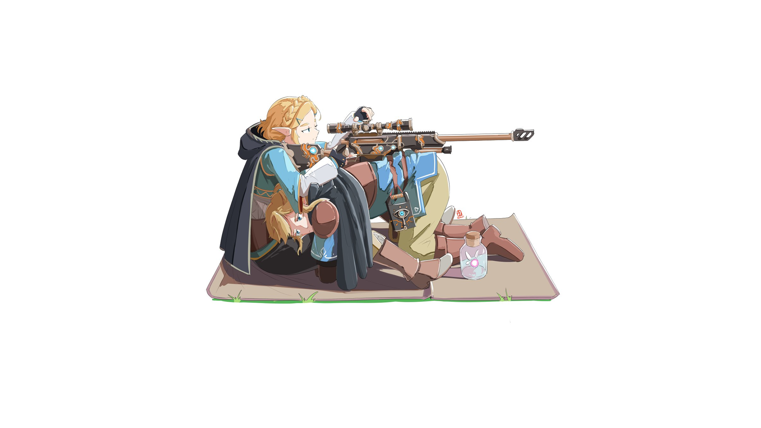 Anime 2560x1440 Zelda Link The Legend of Zelda sniper rifle gun blonde cape blue eyes Automatic Giraffe