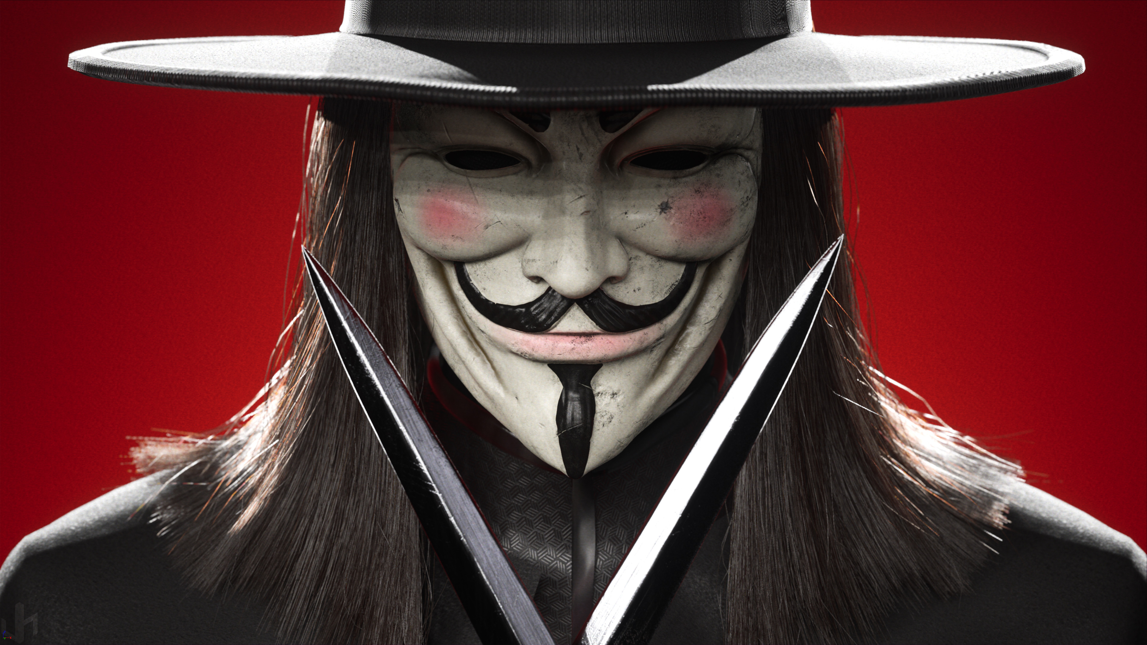 People 3840x2160 V for Vendetta red background CGI mask knife movies Guy Fawkes Guy Fawkes mask