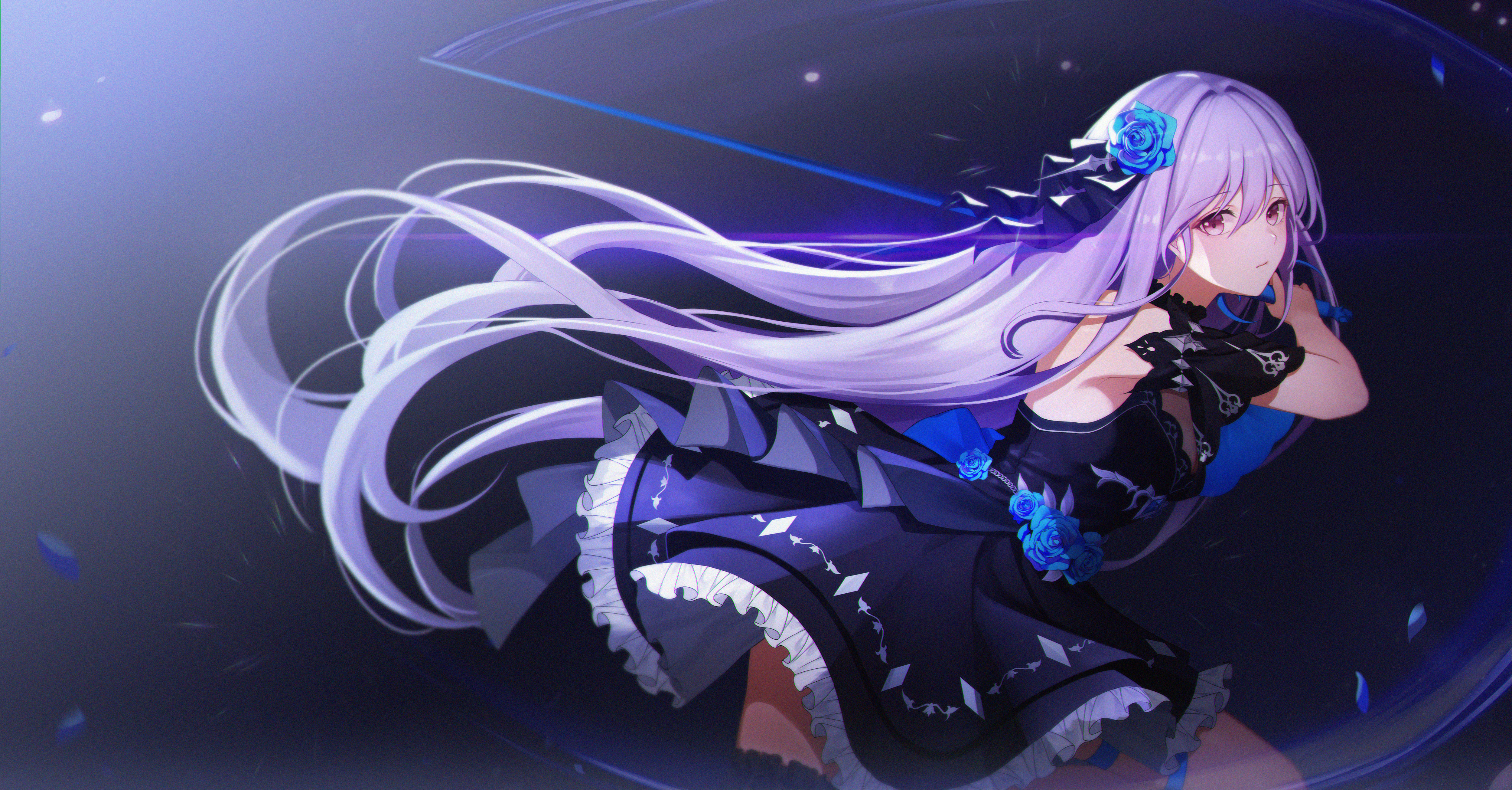 Anime 5000x2611 anime girls sword long hair purple hair flower dress dress Nani (artist) artwork