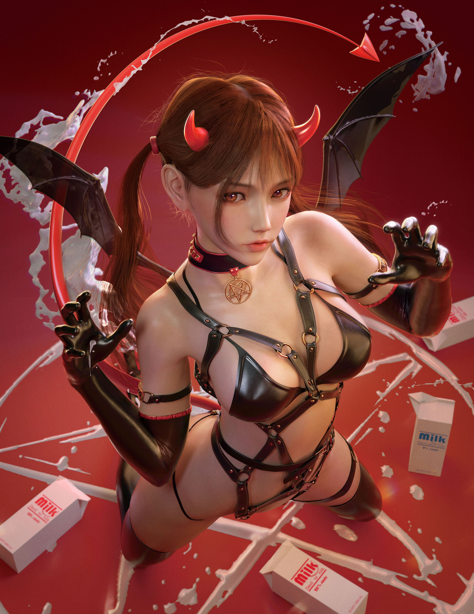 General 1920x2486 Yuan Yuan CGI women succubus demon redhead twintails horns red eyes looking at viewer straps leather elbow gloves bodysuit wings tail high angle milk messy red