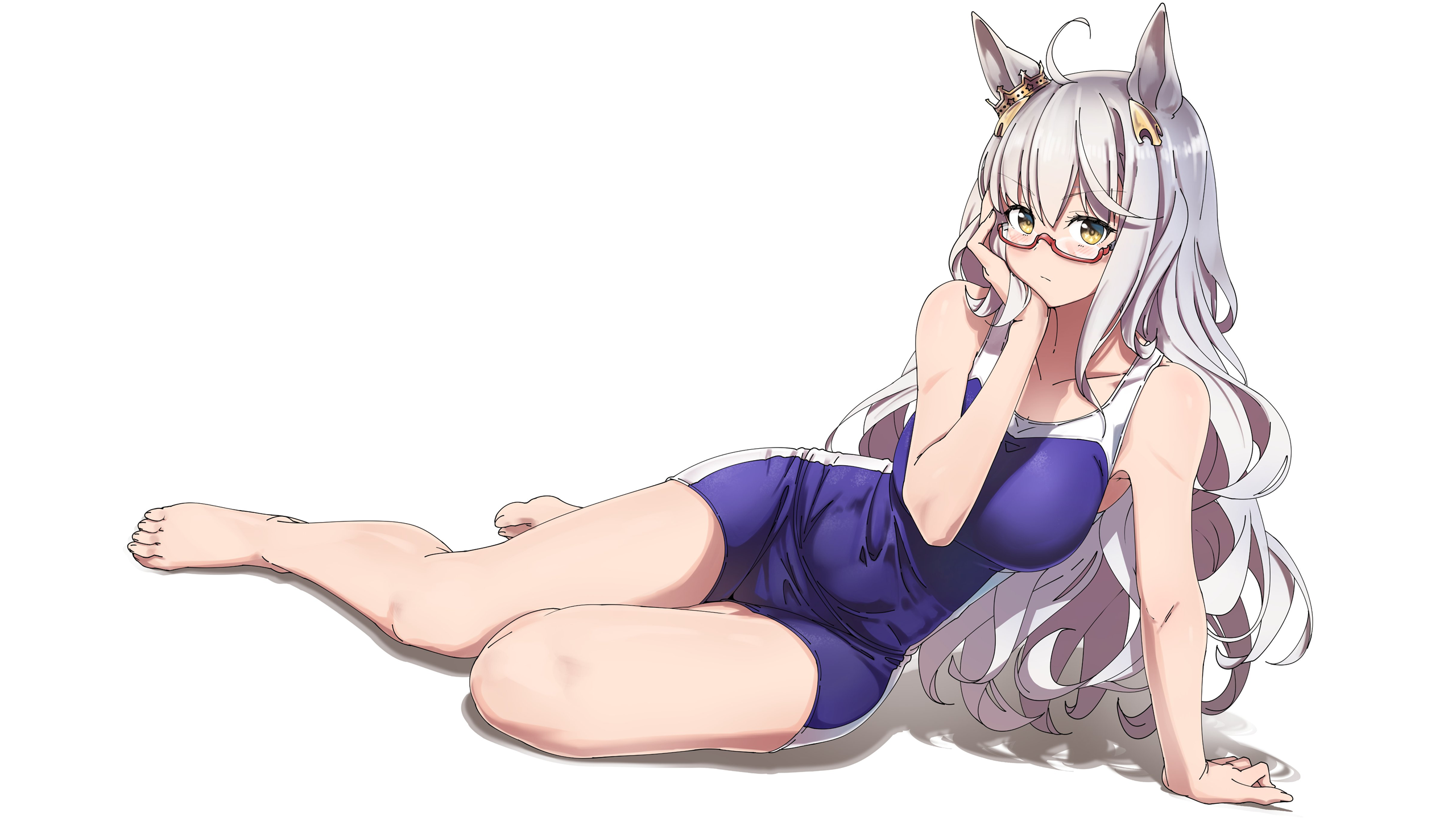 Anime 2560x1440 anime anime girls ecchi simple background Uma Musume Pretty Derby big boobs thighs thigh-highs barefoot meganekko glasses animal ears swimwear blue swimsuit one-piece swimsuit lying on side Shinomu (CinoMoon) horse girls silver hair long hair belly button