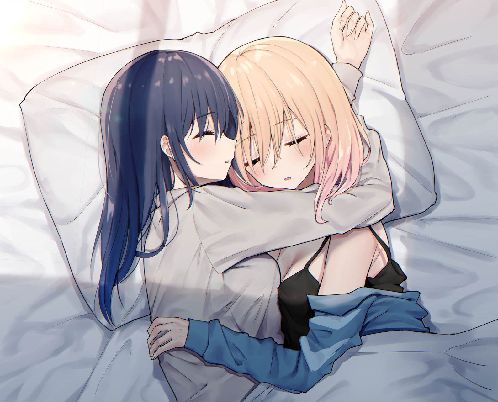 Anime 1588x1282 two women anime girls sleeping blonde pillow yuri dark hair hugging artwork Piripun Intimacy