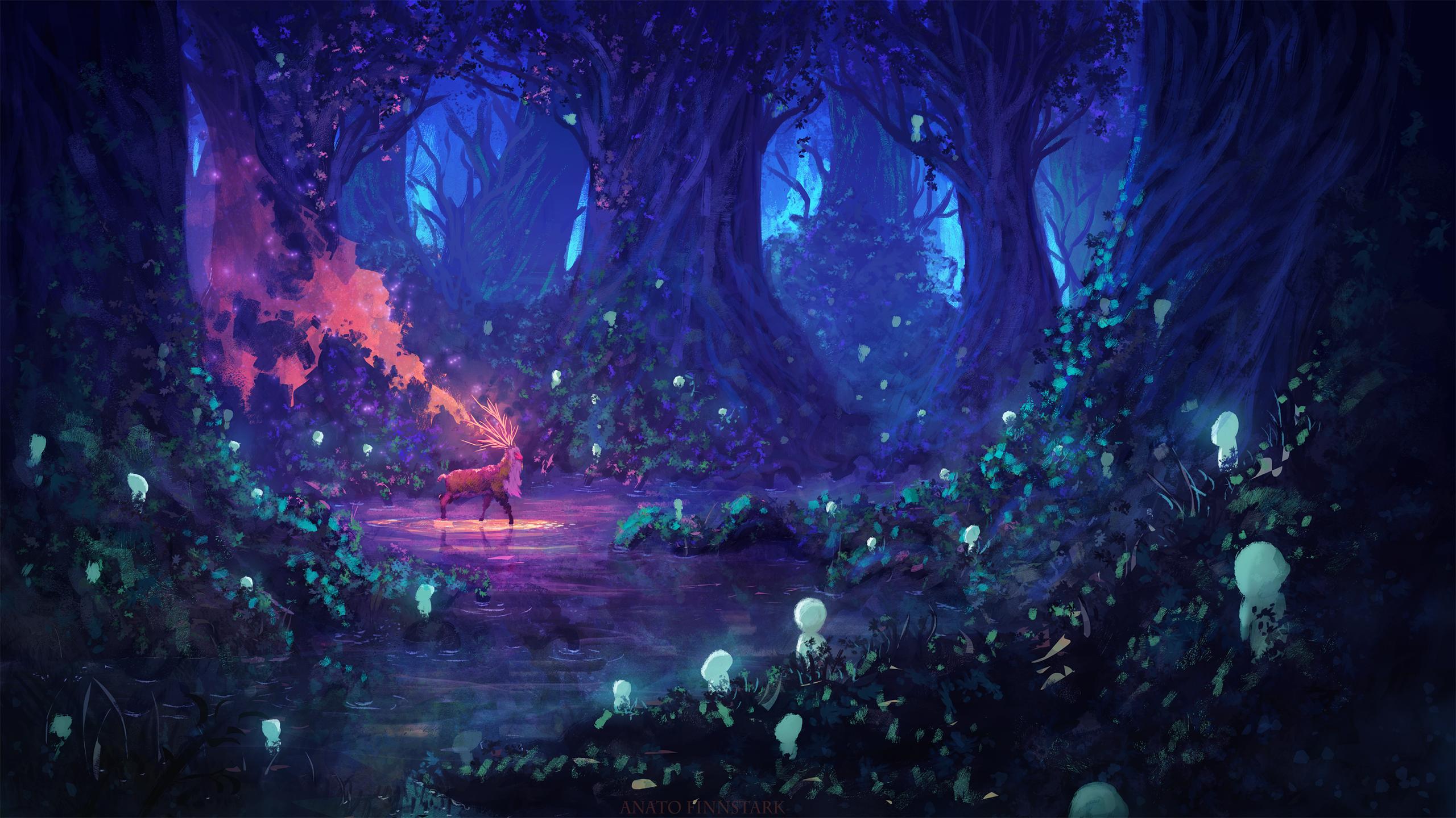 Anime 2560x1440 digital art Anato Finnstark fantasy art Princess Mononoke deer forest