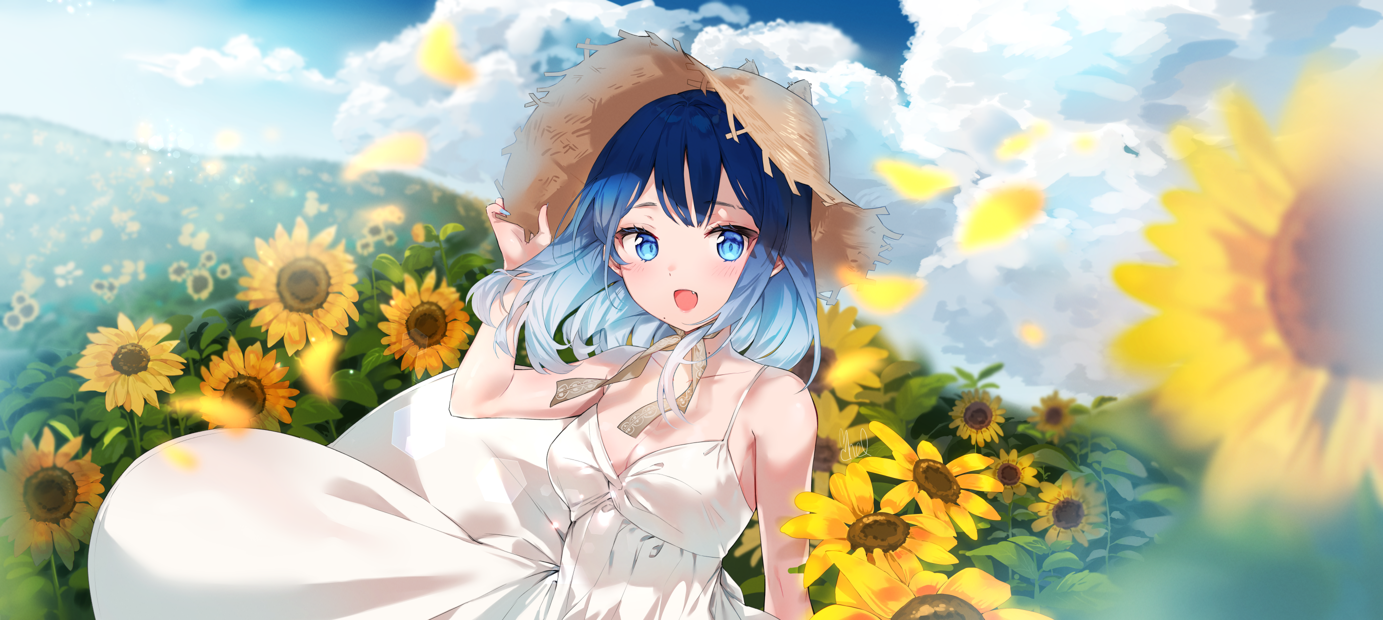 Anime 2764x1240 anime girls blue hair dress sunflowers sun dress blue eyes straw hat clouds sky artwork Cheli