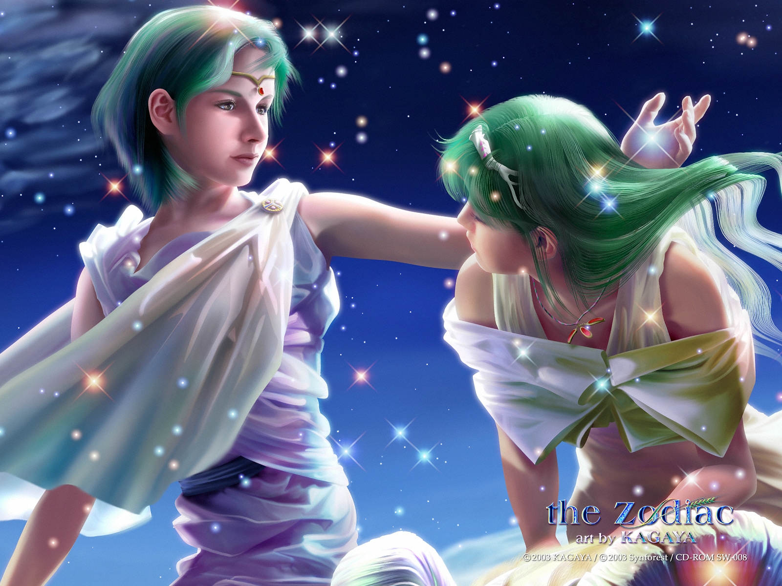 General 1600x1200 kagaya constellations fantasy art green hair women two women