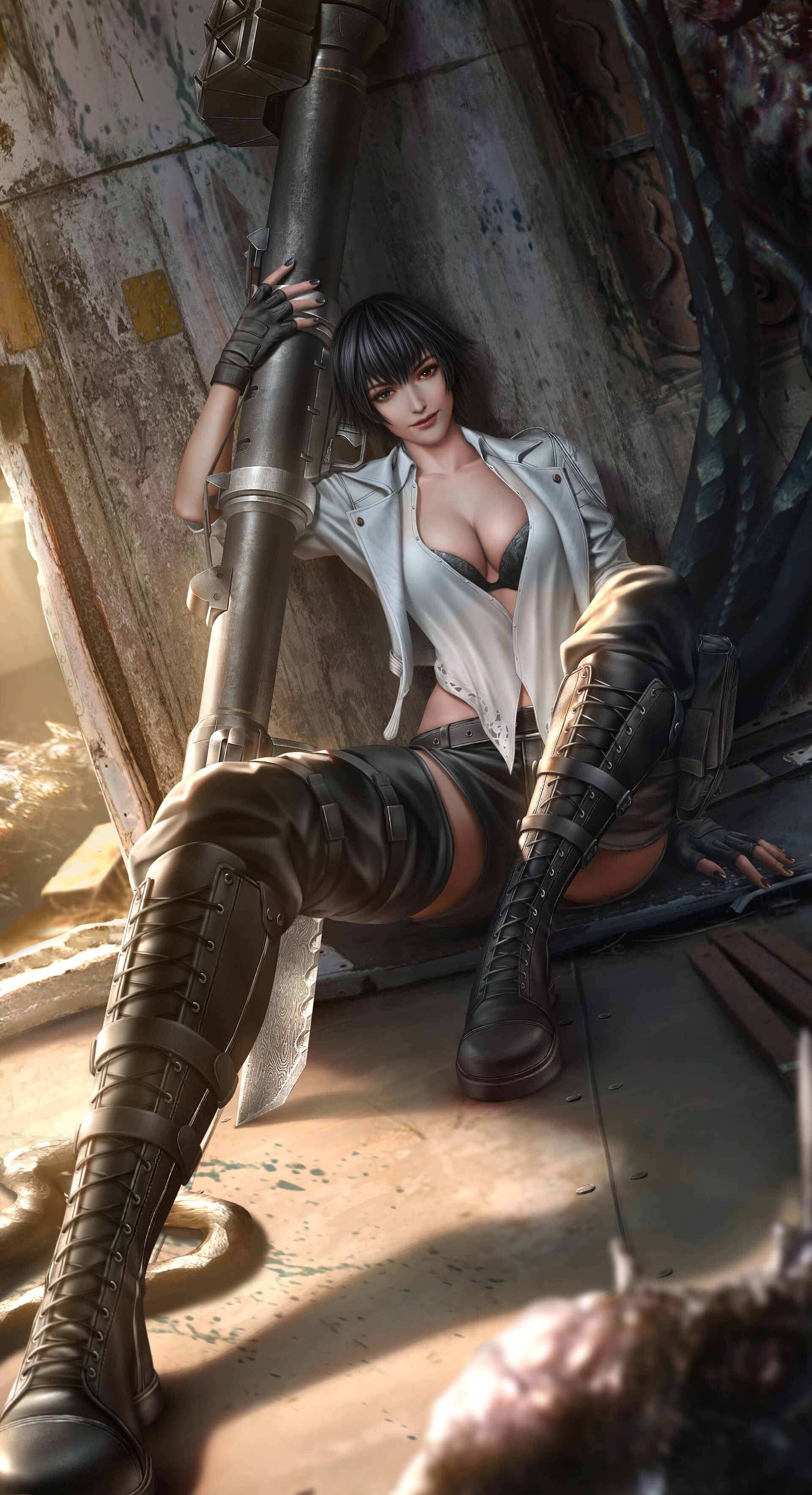General 1920x3533 artwork women Asian rocket launchers cleavage boobs dark hair boots sitting legs Devil May Cry Lady (Devil May Cry) Cloud D
