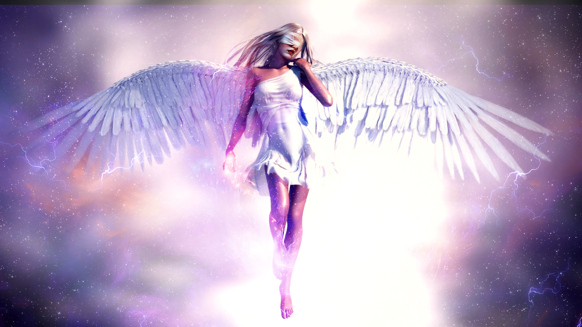 General 1920x1080 Angel I wings clouds sky lights glowing white colorful women