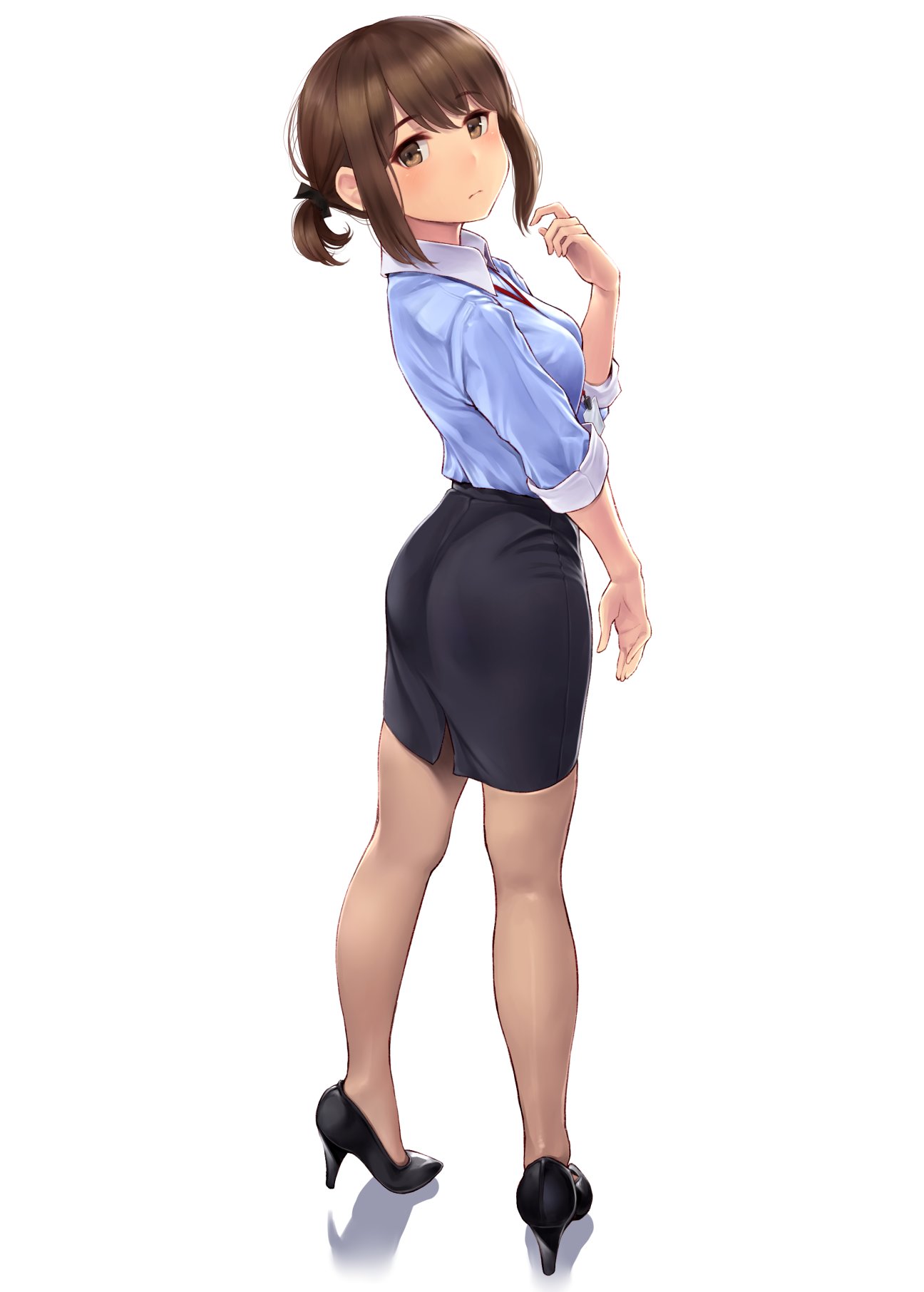 Anime 1296x1812 anime girls office girl simple background Wa (Genryusui) Ganbare, Douki-chan brunette brown eyes ass white background blue shirt