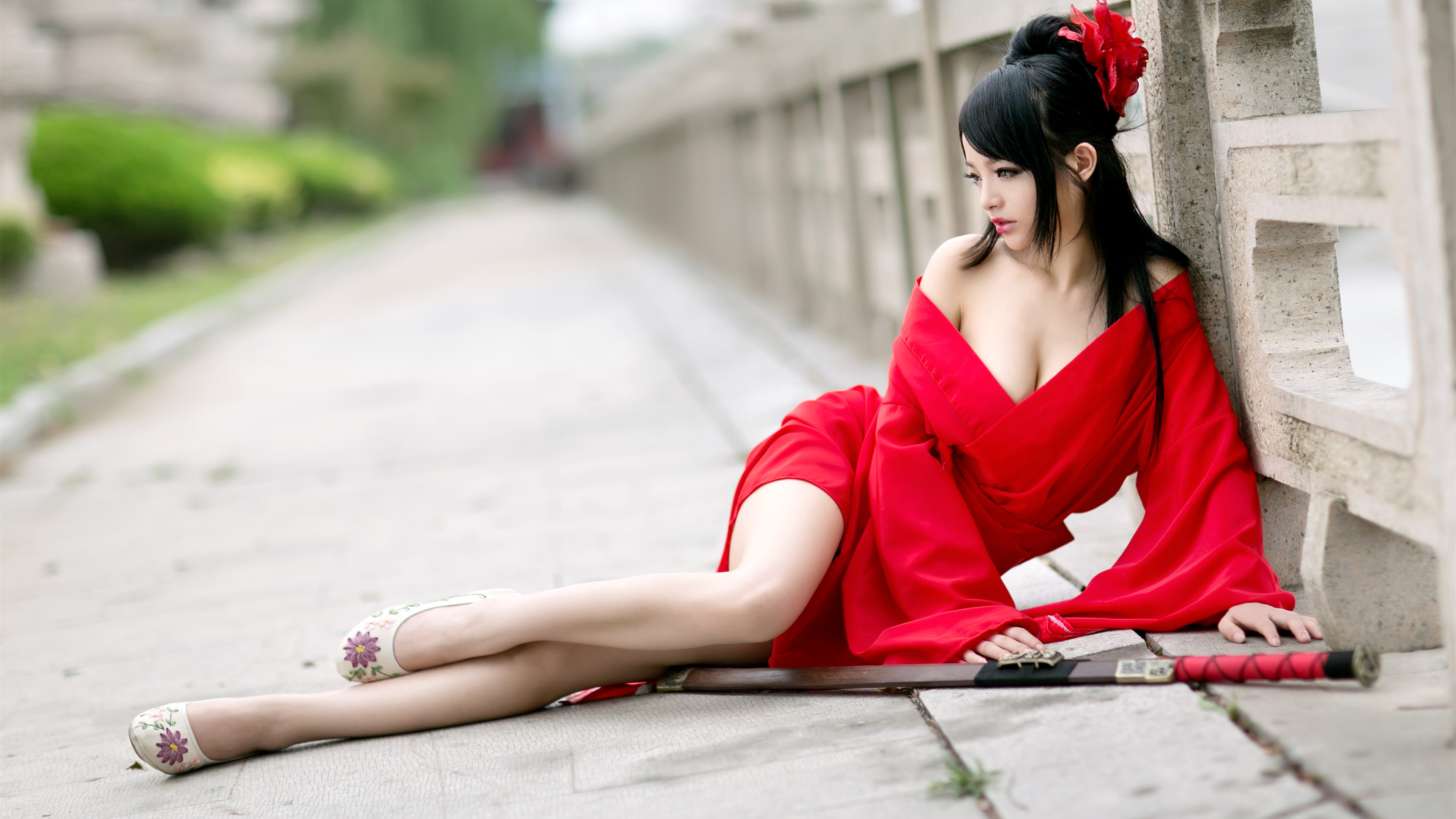 People 3960x2227 cosplay dark hair makeup long hair legs outdoors women women outdoors urban looking away flower in hair legs together red dress no bra cleavage