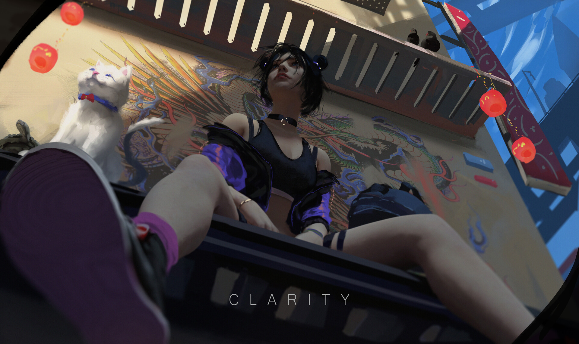 General 1920x1143 women artwork ArtStation sitting legs cats animals dark hair choker low-angle urban mammals looking into the distance CLA RITY shoes sneakers