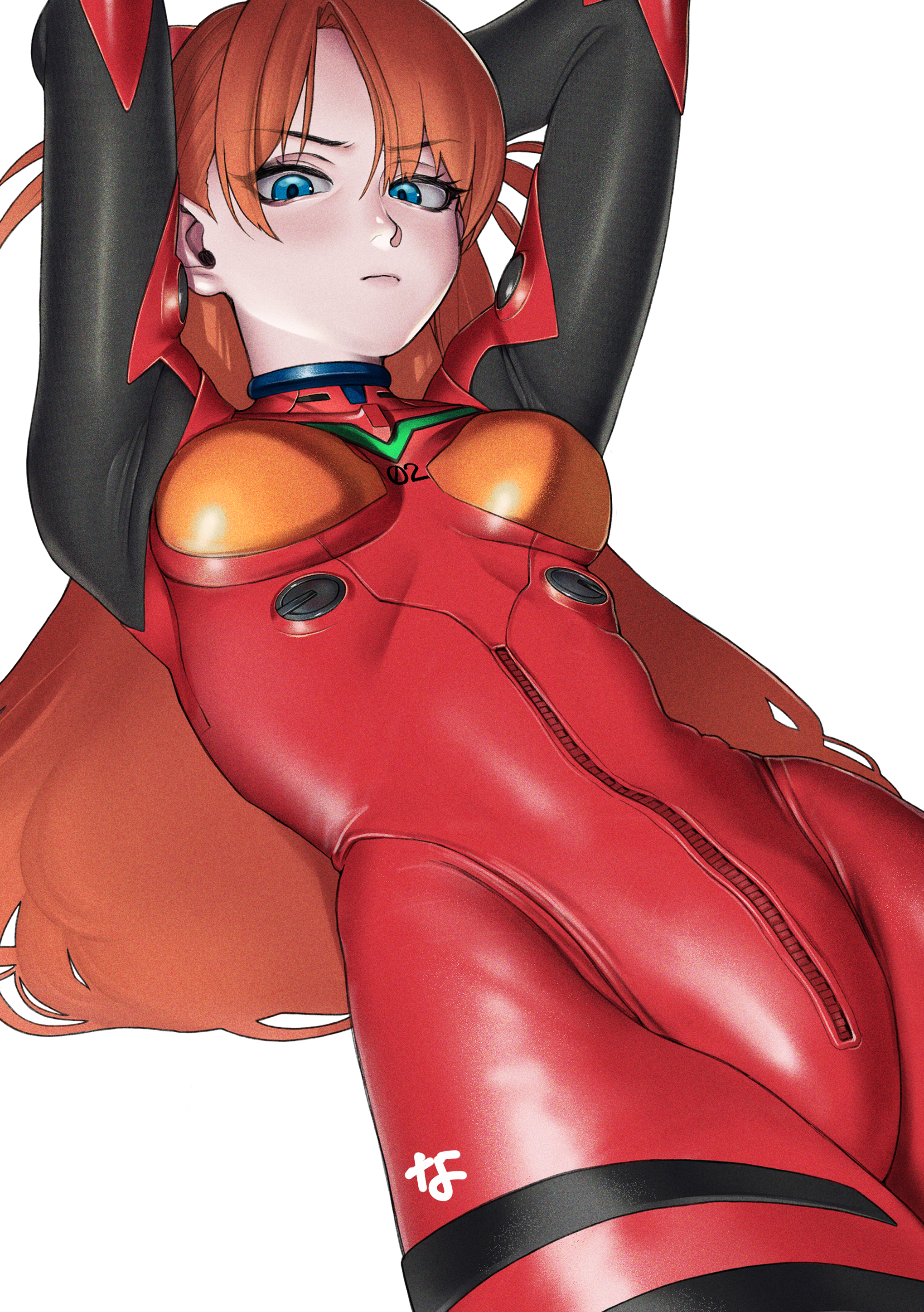 Anime 2039x2894 Neon Genesis Evangelion JK plugsuit bodysuit long hair arm(s) behind head redhead ecchi thighs anime girls cameltoe underboob curvy simple background anime Asuka Langley Soryu looking at viewer portrait display blue eyes 2D fan art blushing hair in face bangs belly armpits the gap Pixiv women white background Nanja (artist) thigh high boots small boobs