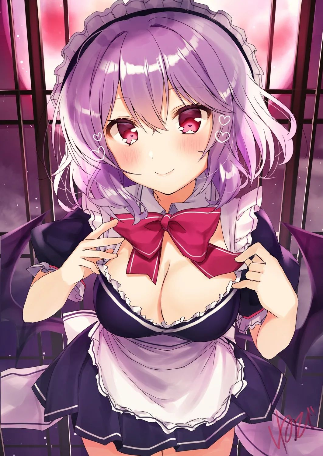 Anime 1062x1500 maid purple hair red eyes anime girls maid outfit cleavage smiling Nenovi Touhou Remilia Scarlet wings