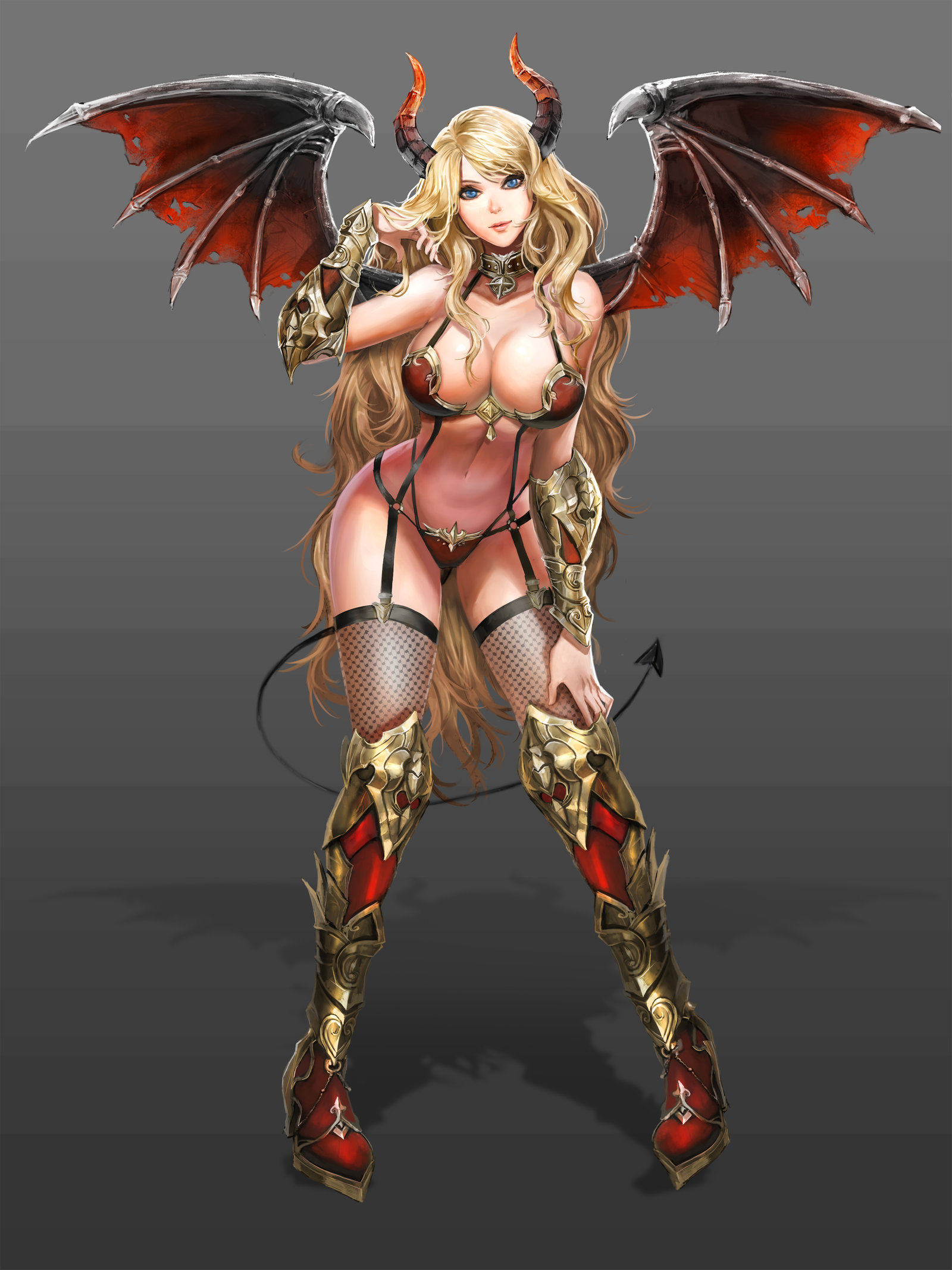 General 1600x2134 Ken Shjn Park drawing women blonde long hair wavy hair skimpy clothes succubus horns armor bra straps fishnet stockings garter straps boots wings simple background blue eyes looking at viewer tail bikini armor frontal view