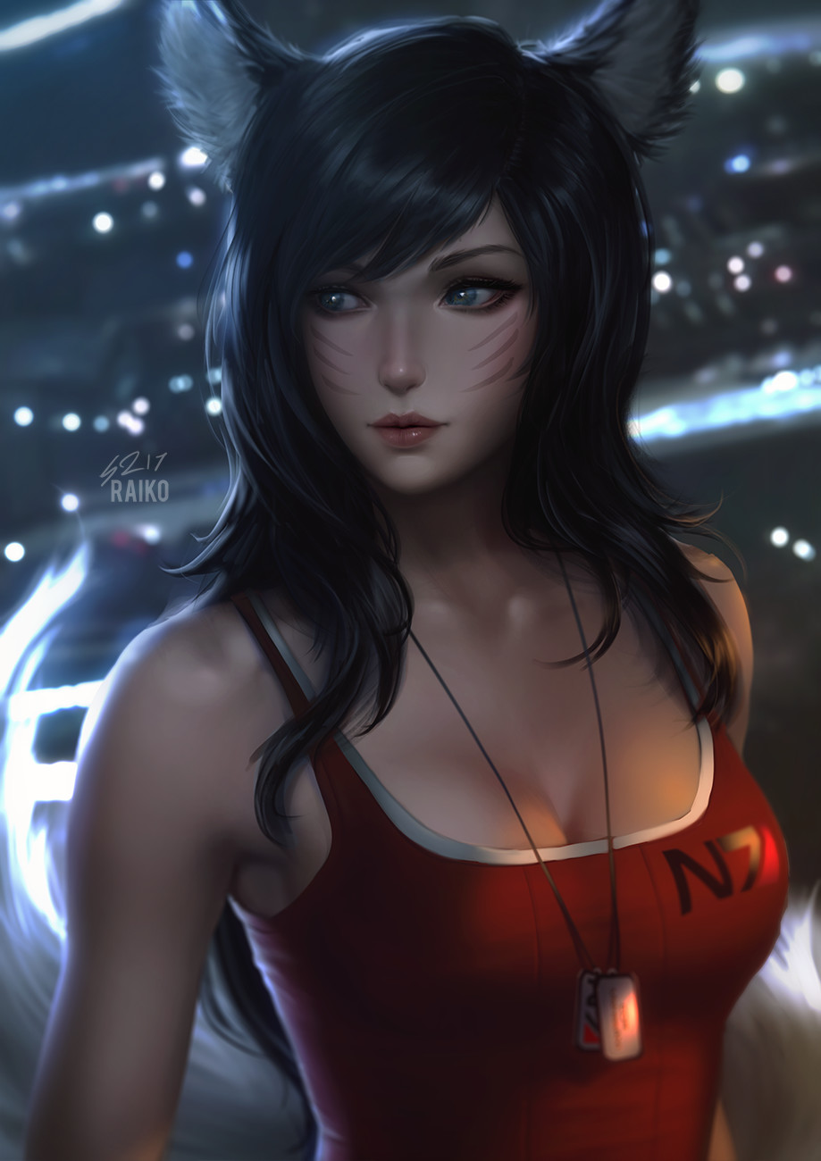 General 919x1300 Sean Tay drawing League of Legends Ahri (League of Legends) women fox ears blue eyes looking away dark hair long hair tank top red clothing cleavage dog tag nine tails