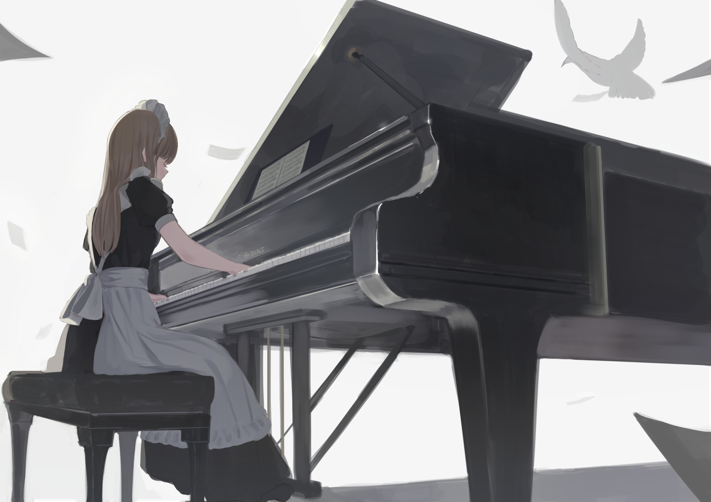 Anime 1415x1000 anime anime girls digital art artwork 2D portrait low-angle maid piano maid outfit Shii