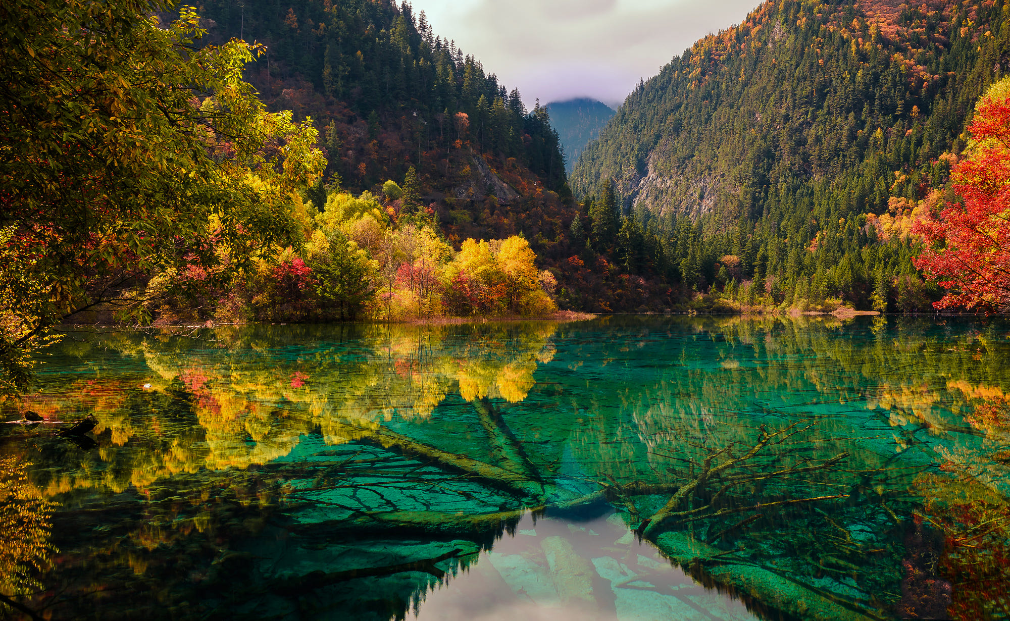 General 2000x1230 landscape colorful nature mountains trees yellow water lake reflection fall branch green