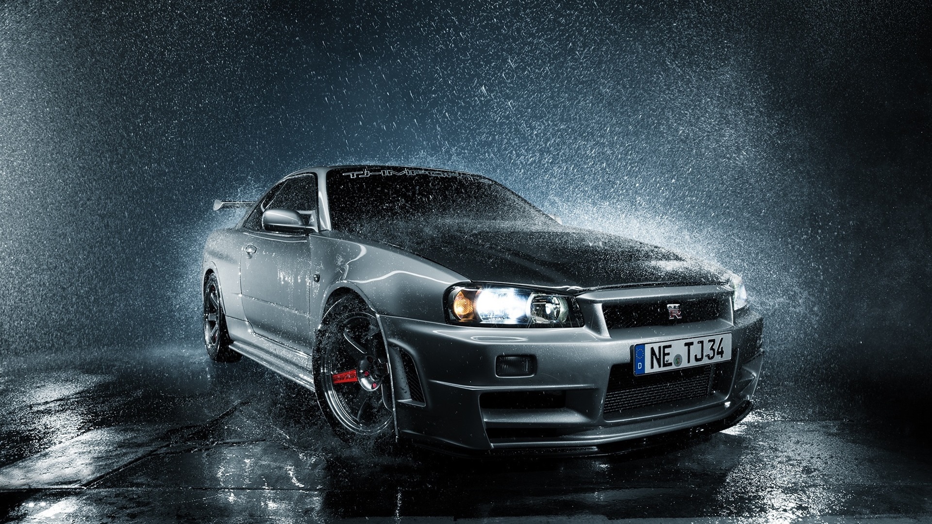 General 1920x1080 water drops car lights vehicle water numbers silver cars Nissan Nissan Skyline R34 Japanese cars Nissan Skyline