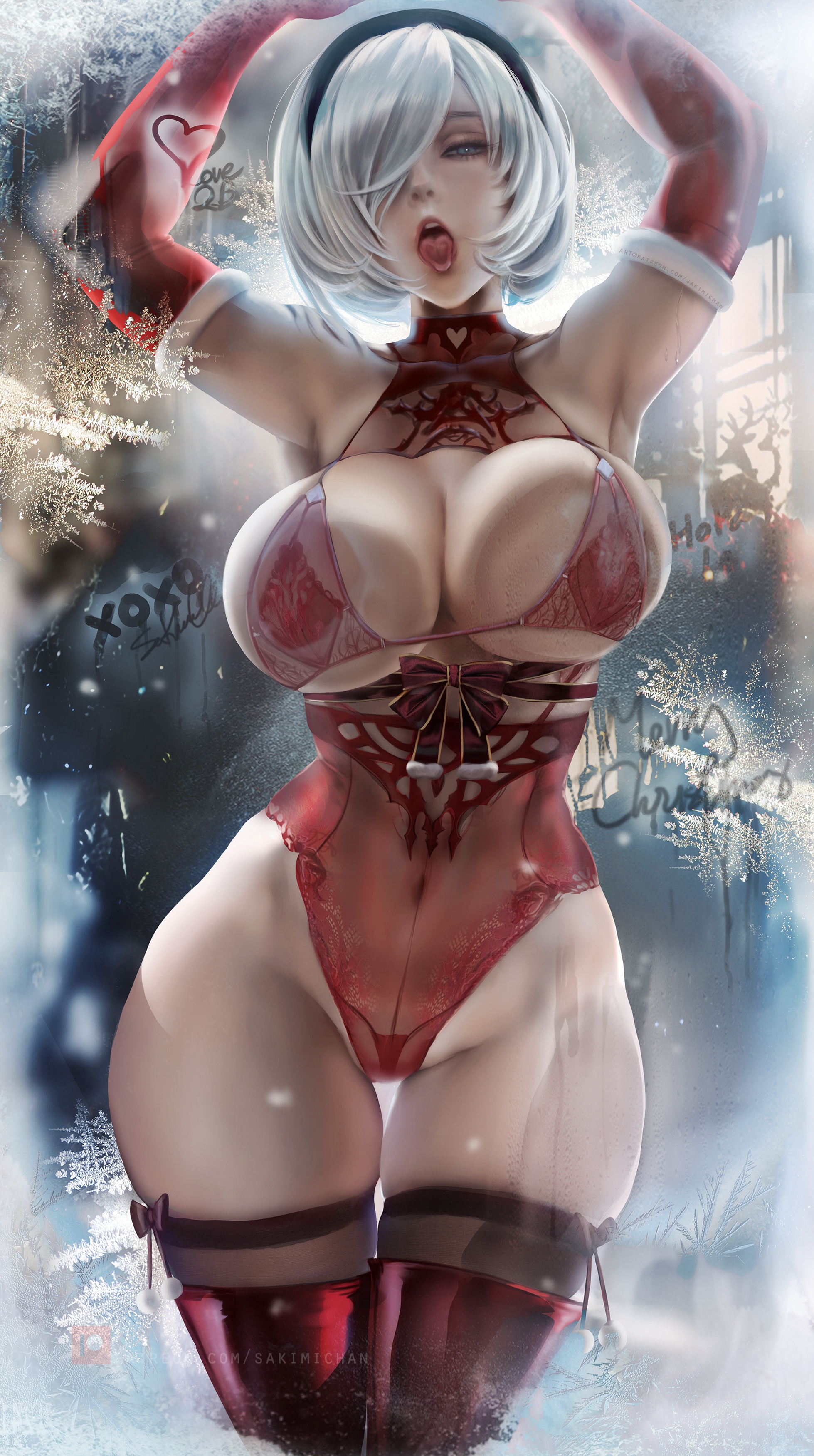 General 1958x3500 video game girls fantasy girl looking at viewer blue eyes white hair headband sensual gaze tongue out licking elbow gloves ribbon lingerie belly the gap thick thigh thighs curvy stockings thigh-highs illustration fan art Sakimichan artwork women Christmas boobs on glass 2B (Nier: Automata)
