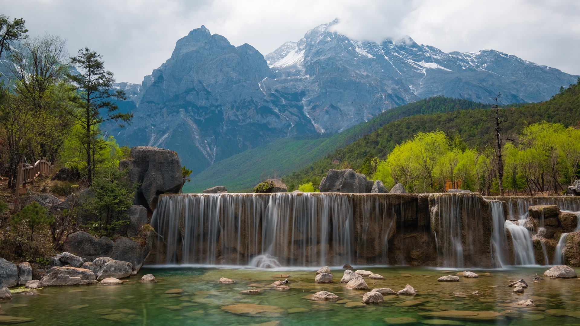 General 1920x1080 landscape nature mountains trees water snow snowy peak rocks Yunnan (China) China Blue Moon Valley waterfall