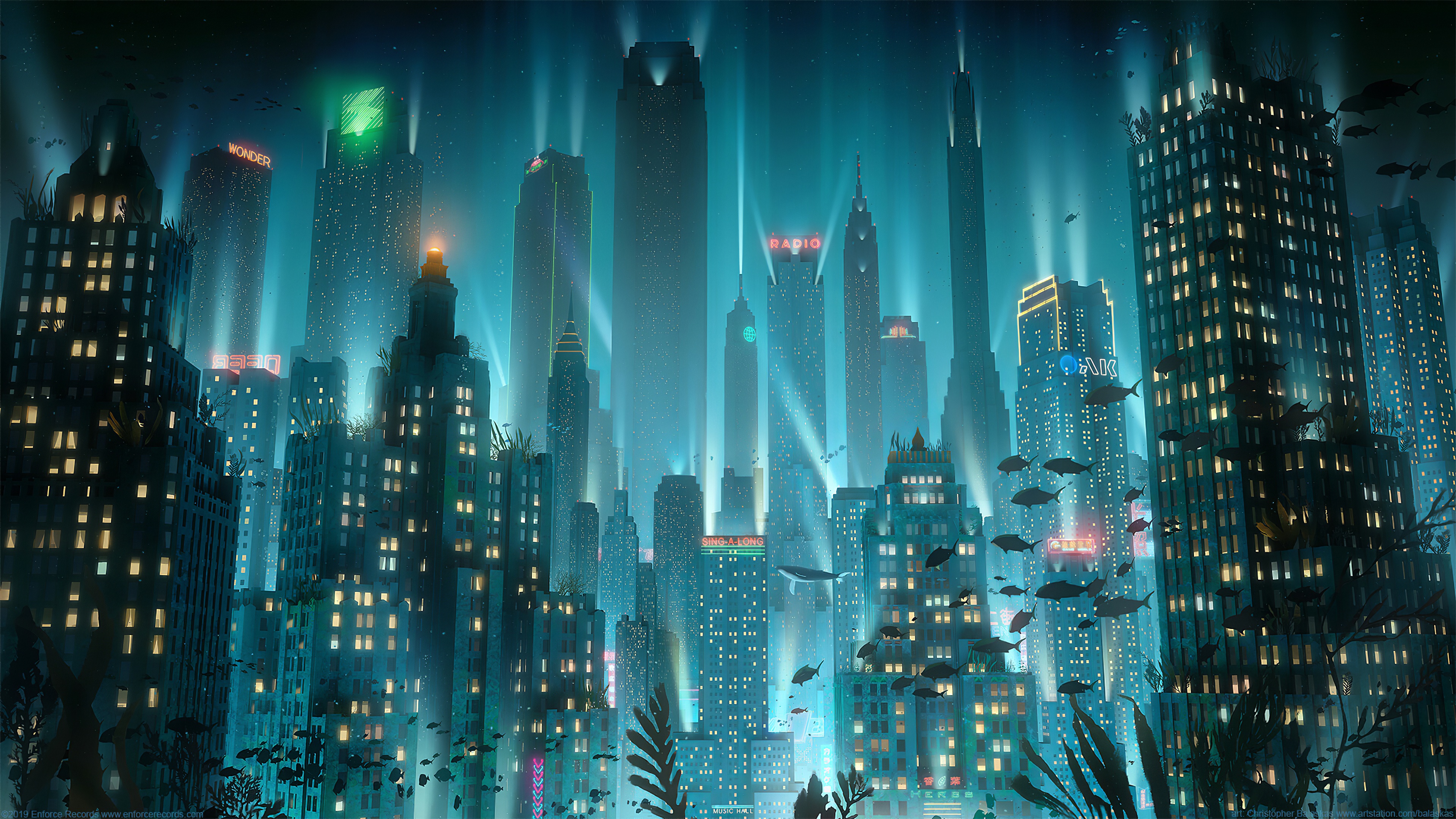 General 3840x2160 Christopher Balaskas city underwater artwork cityscape 2019 (year) BioShock Rapture cyan video game art