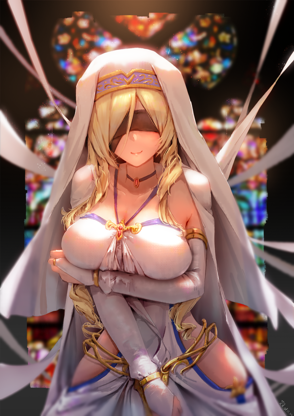 Anime 1240x1754 Goblin Slayer anime girls big boobs long hair no bra holding boobs blindfold Sword Maiden (Goblin Slayer) fan art 2D portrait display cleavage smiling frontal view blonde
